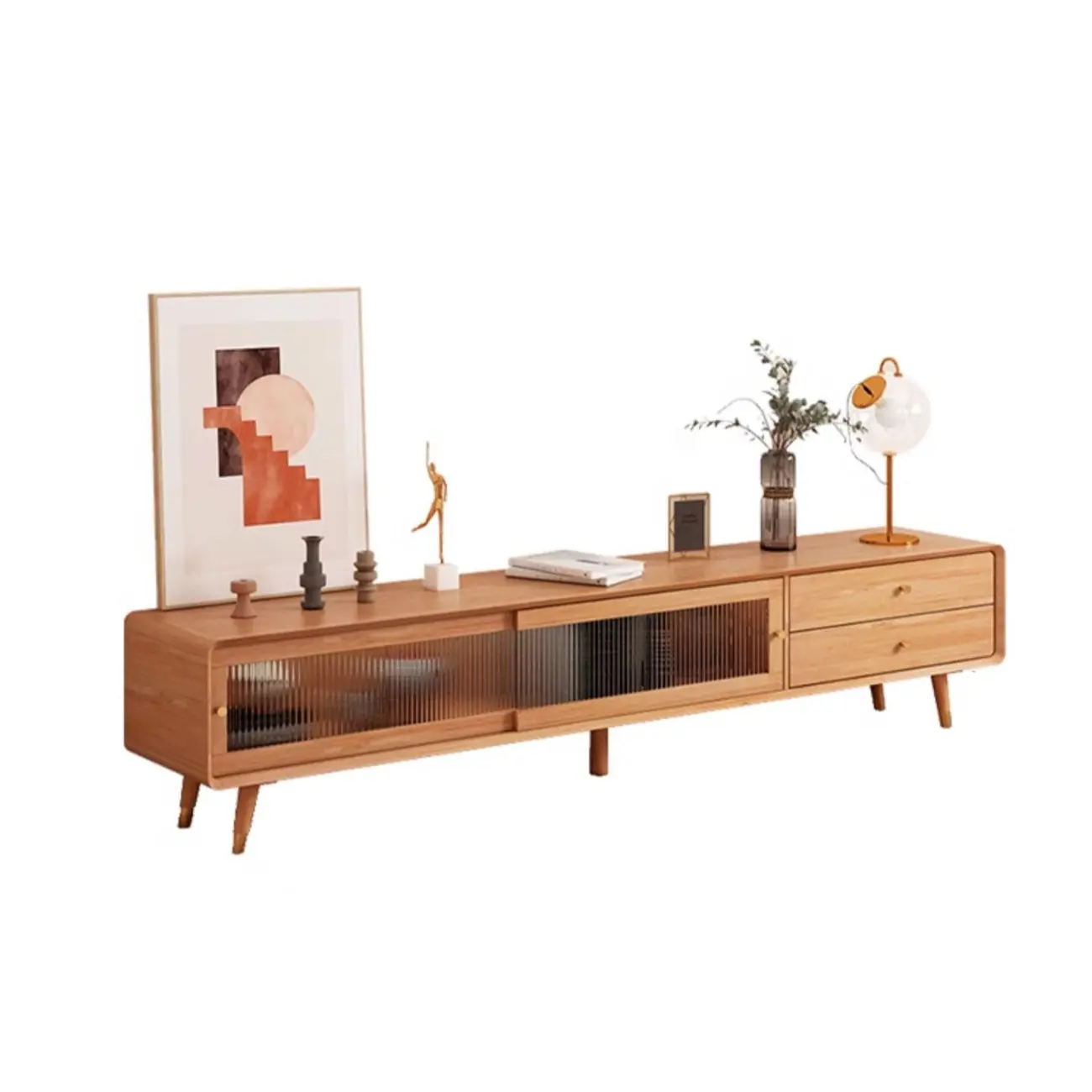 Long Brown 2-Drawer Pine Modern TV Stand with Cabinet Image - 18 | homeyfad