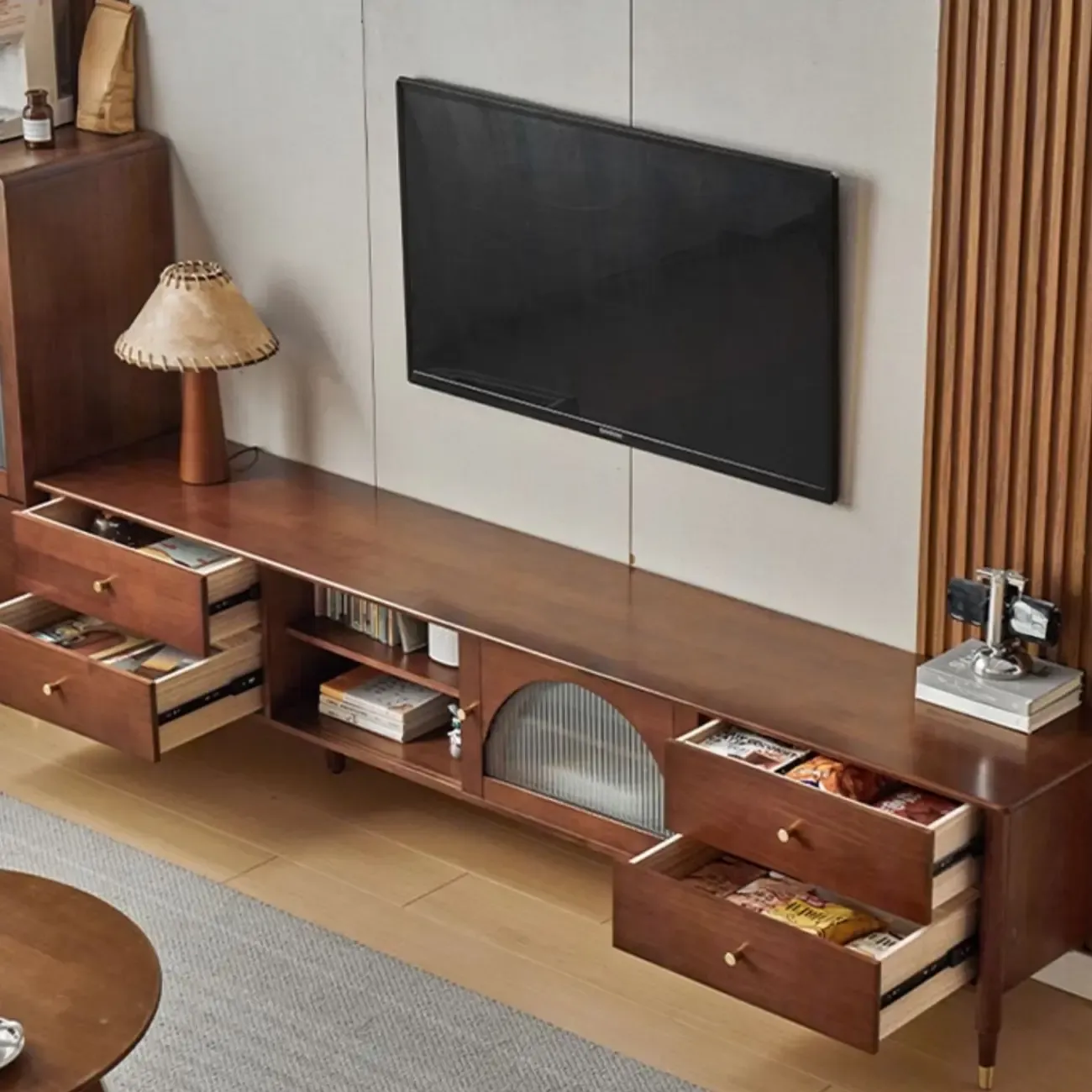 Long Brown 2-Drawer Pine Modern TV Stand with Cabinet Image - 6