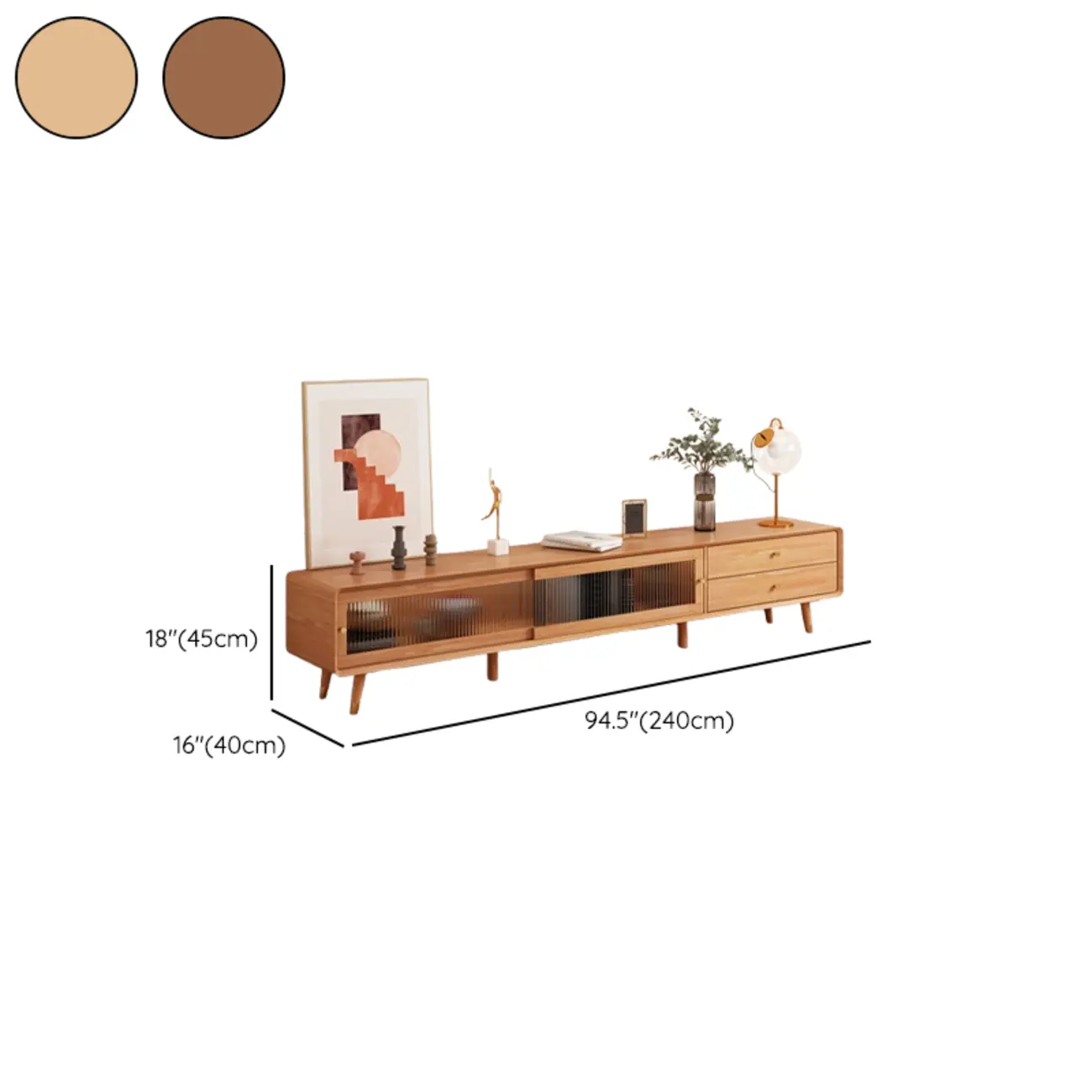 Long Brown 2-Drawer Pine Modern TV Stand with Cabinet Image - 21 | homeyfad