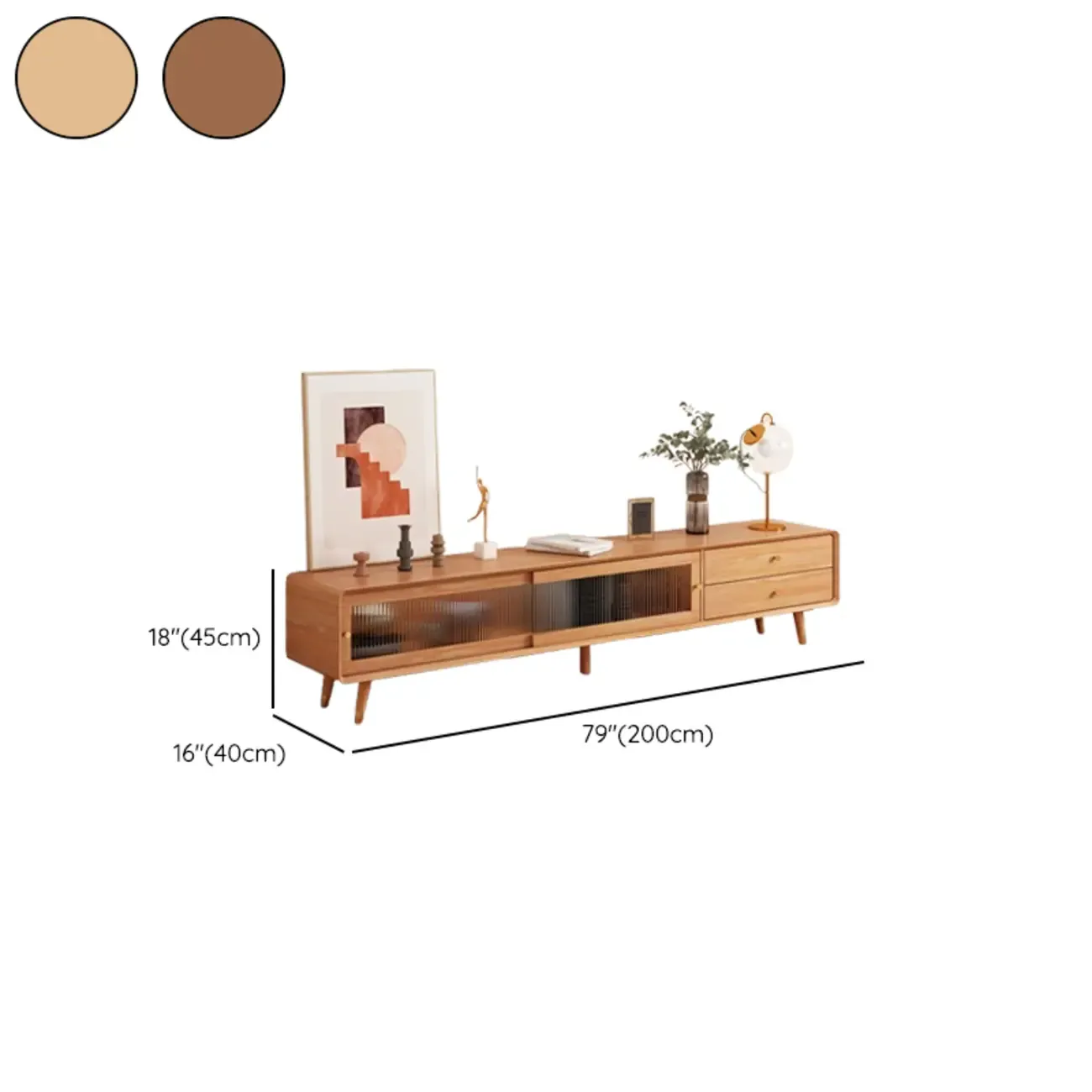 Long Brown 2-Drawer Pine Modern TV Stand with Cabinet Image - 22