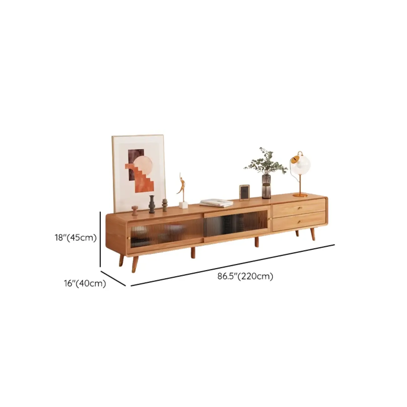 Long Brown 2-Drawer Pine Modern TV Stand with Cabinet Image - 24
