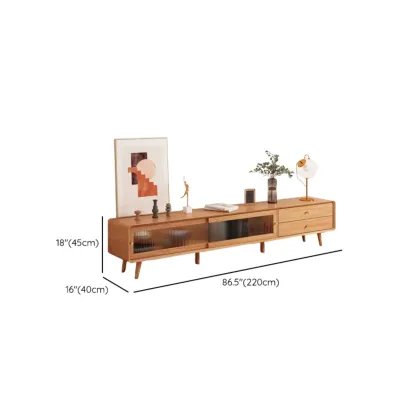 Long Brown 2-Drawer Pine Modern TV Stand with Cabinet Image - 24
