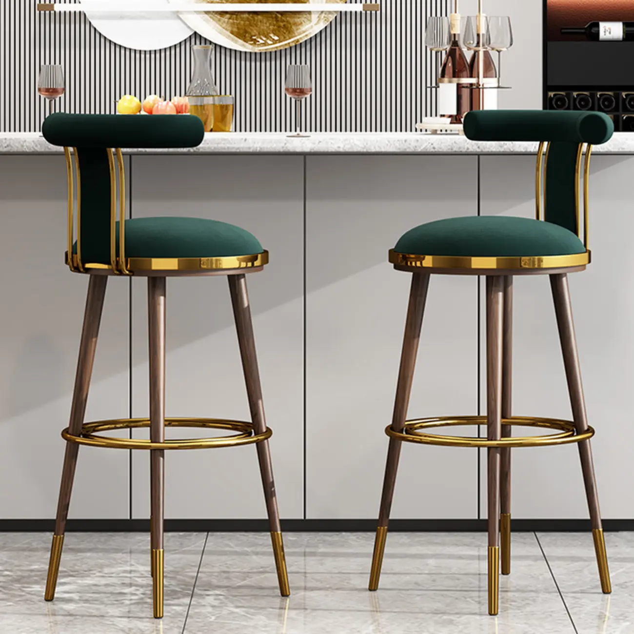 Glam Wood Velvet Upholstered Gold Accent Bar Stool | homeyfad