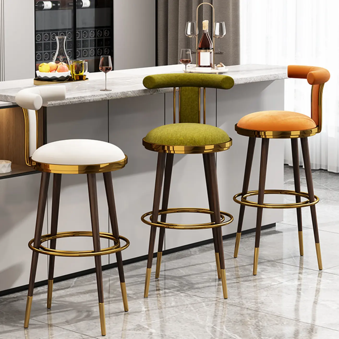 Glam Wood Velvet Upholstered Gold Accent Bar Stool | homeyfad