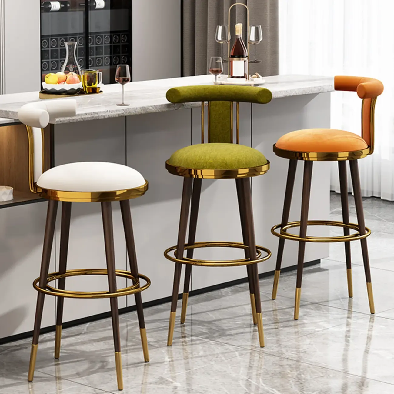 Glam Wood Velvet Upholstered Gold Accent Bar Stool