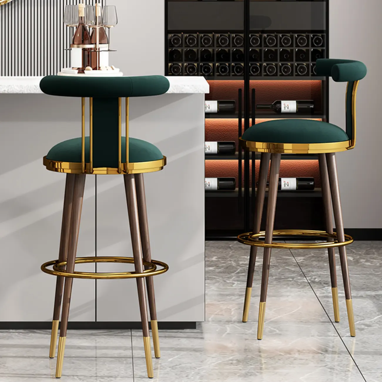 Glam Wood Velvet Upholstered Gold Accent Bar Stool | homeyfad