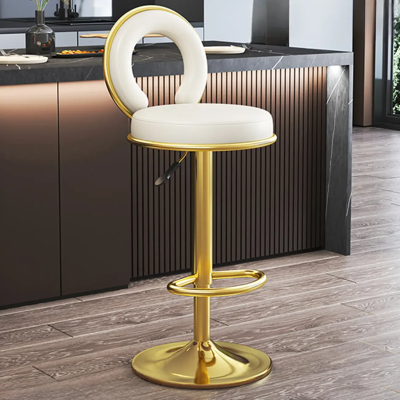 Glam Round Adjustable Leather Swivel Bar Stool with Back | HomeyFad