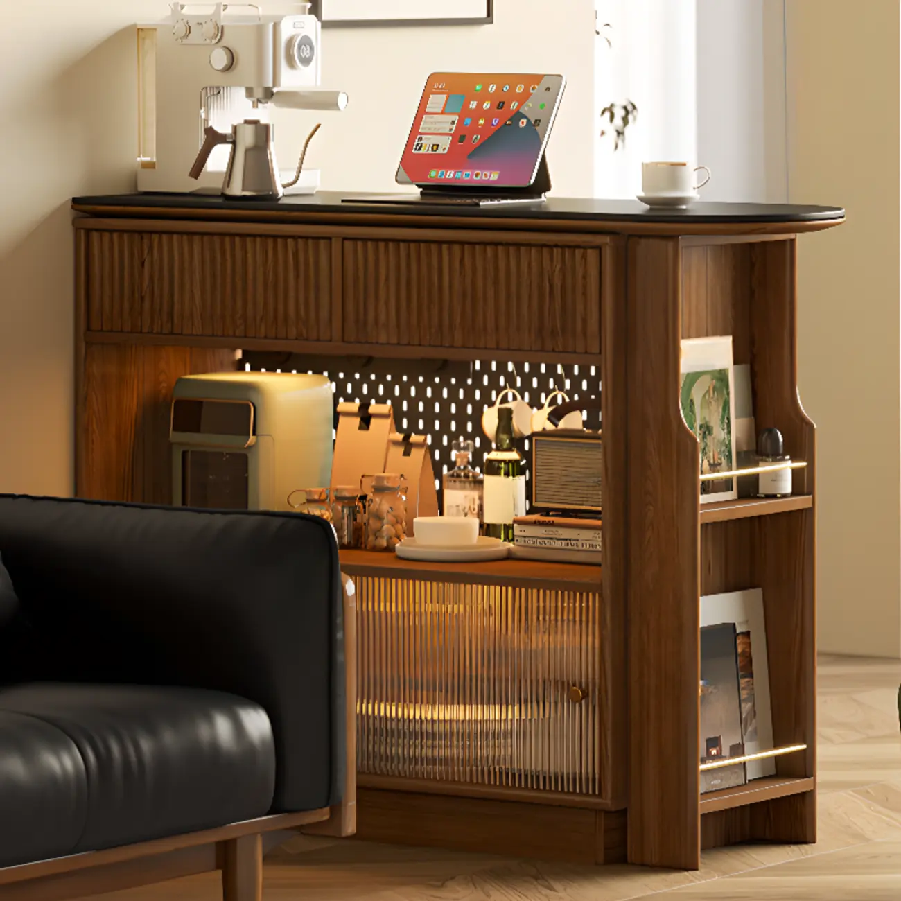 Modern Brown Wooden Stone Storage Convertible Bar Tables Image - 6 | homeyfad