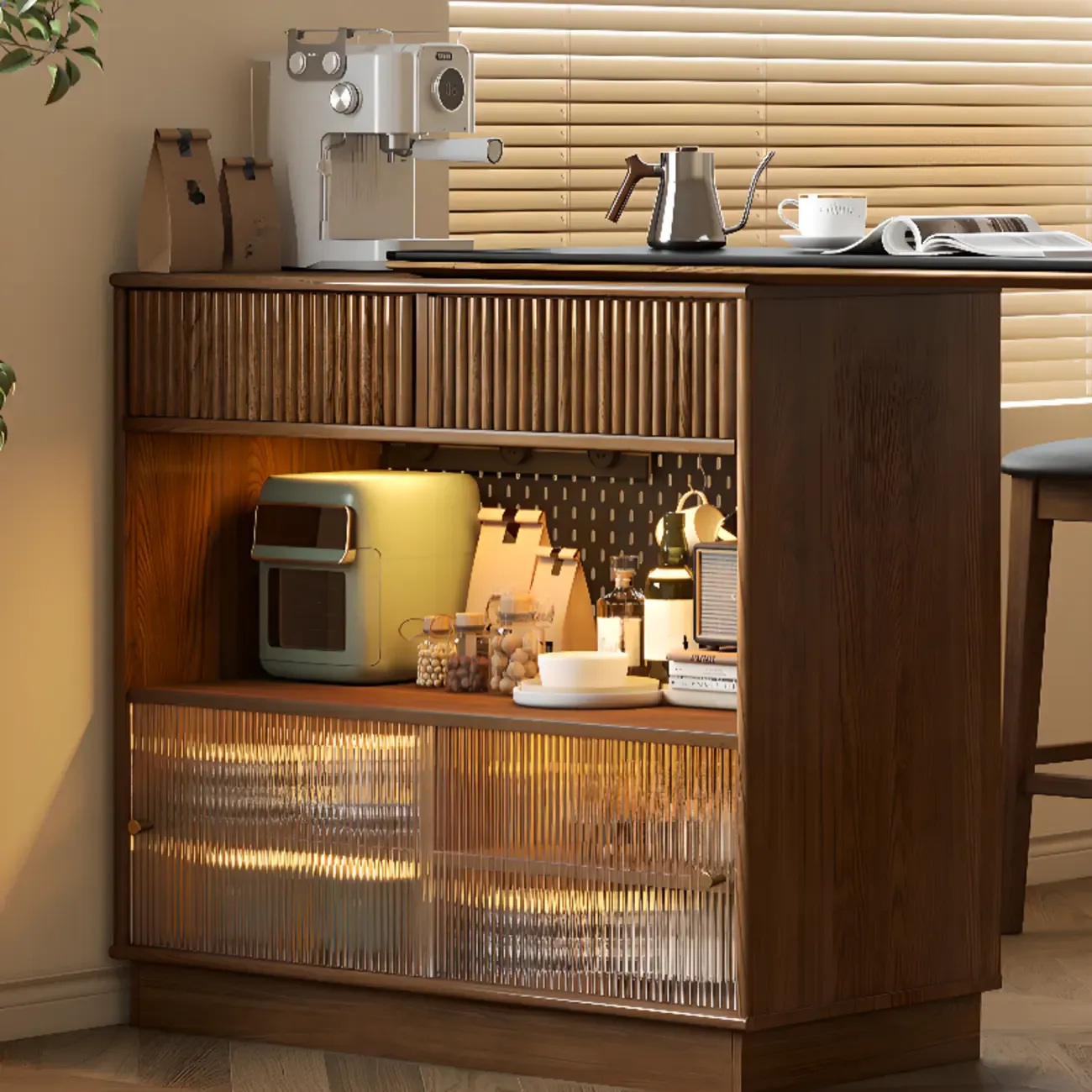 Modern Brown Wooden Stone Storage Convertible Bar Tables Image - 7