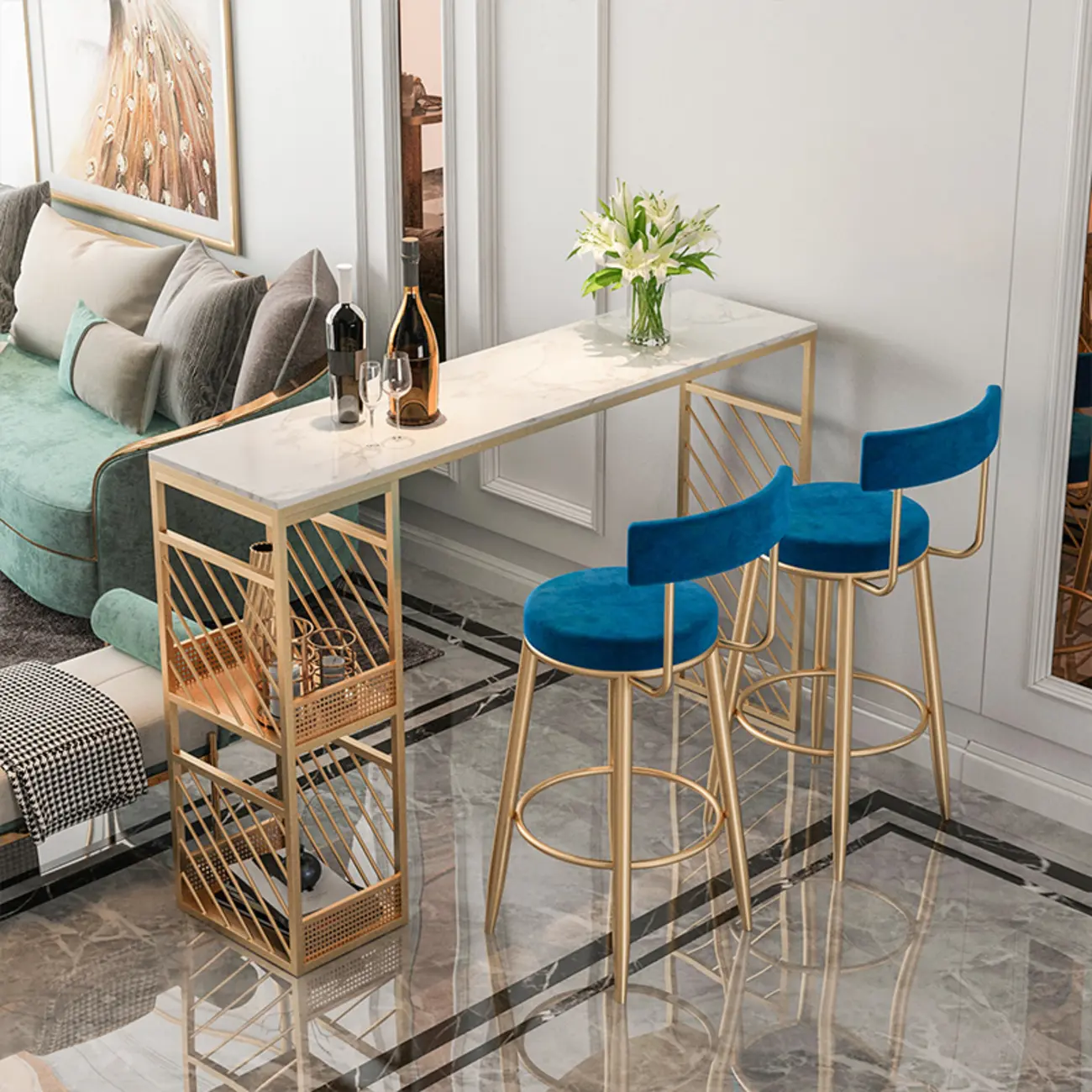 Lavish White Marble Gold Iron 2-Layer Storage Bar Tables Image - 1 | homeyfad