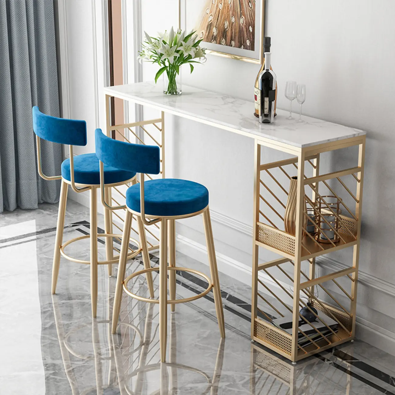Lavish White Marble Gold Iron 2-Layer Storage Bar Tables Image - 2 | homeyfad