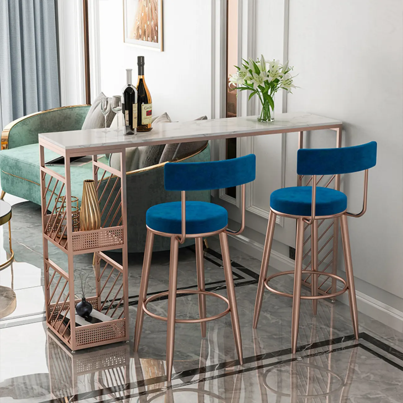 Lavish White Marble Gold Iron 2-Layer Storage Bar Tables Image - 3 | homeyfad