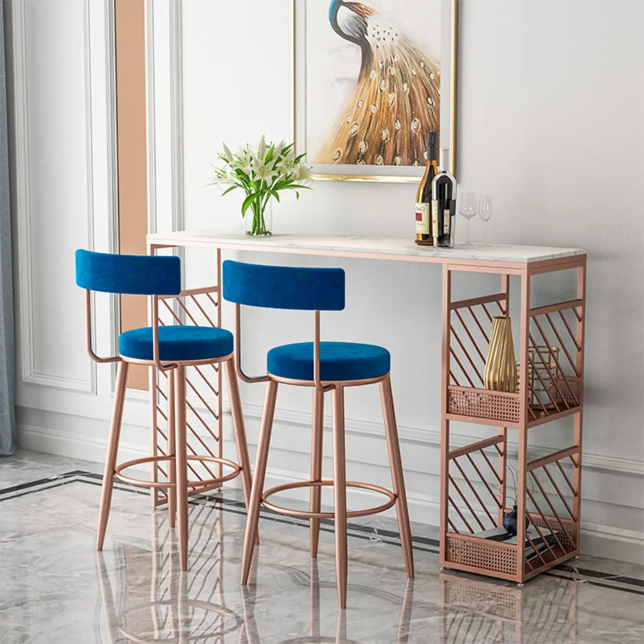 Lavish White Marble Gold Iron 2-Layer Storage Bar Tables Image - 4 | homeyfad