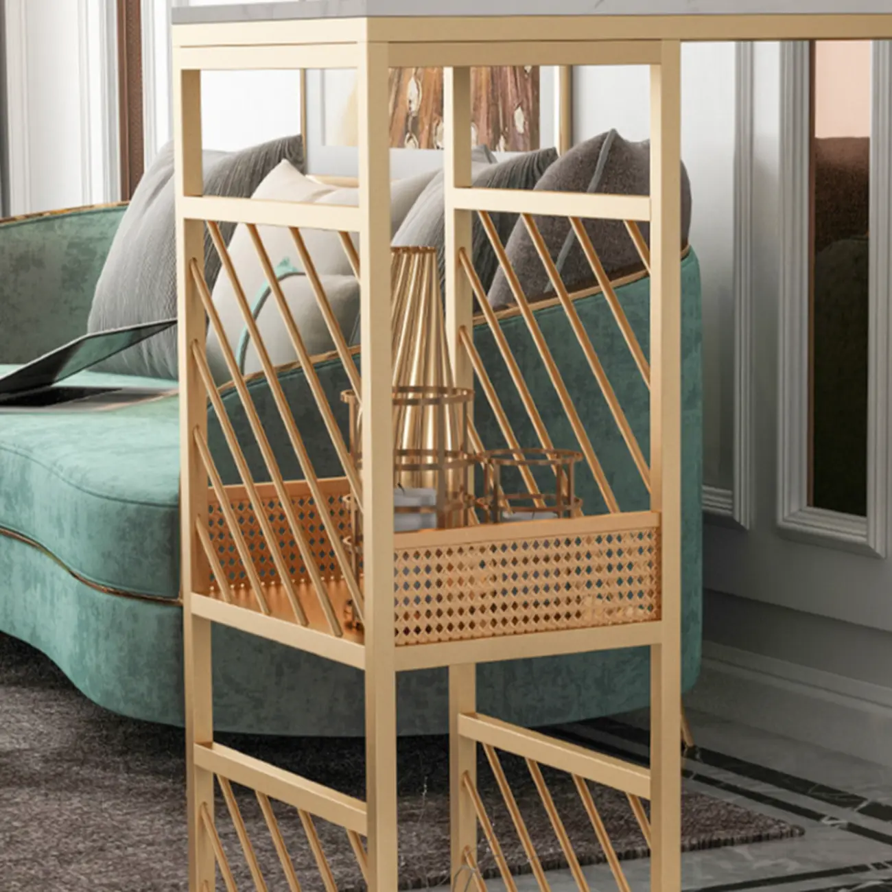 Lavish White Marble Gold Iron 2-Layer Storage Bar Tables Image - 7 | homeyfad