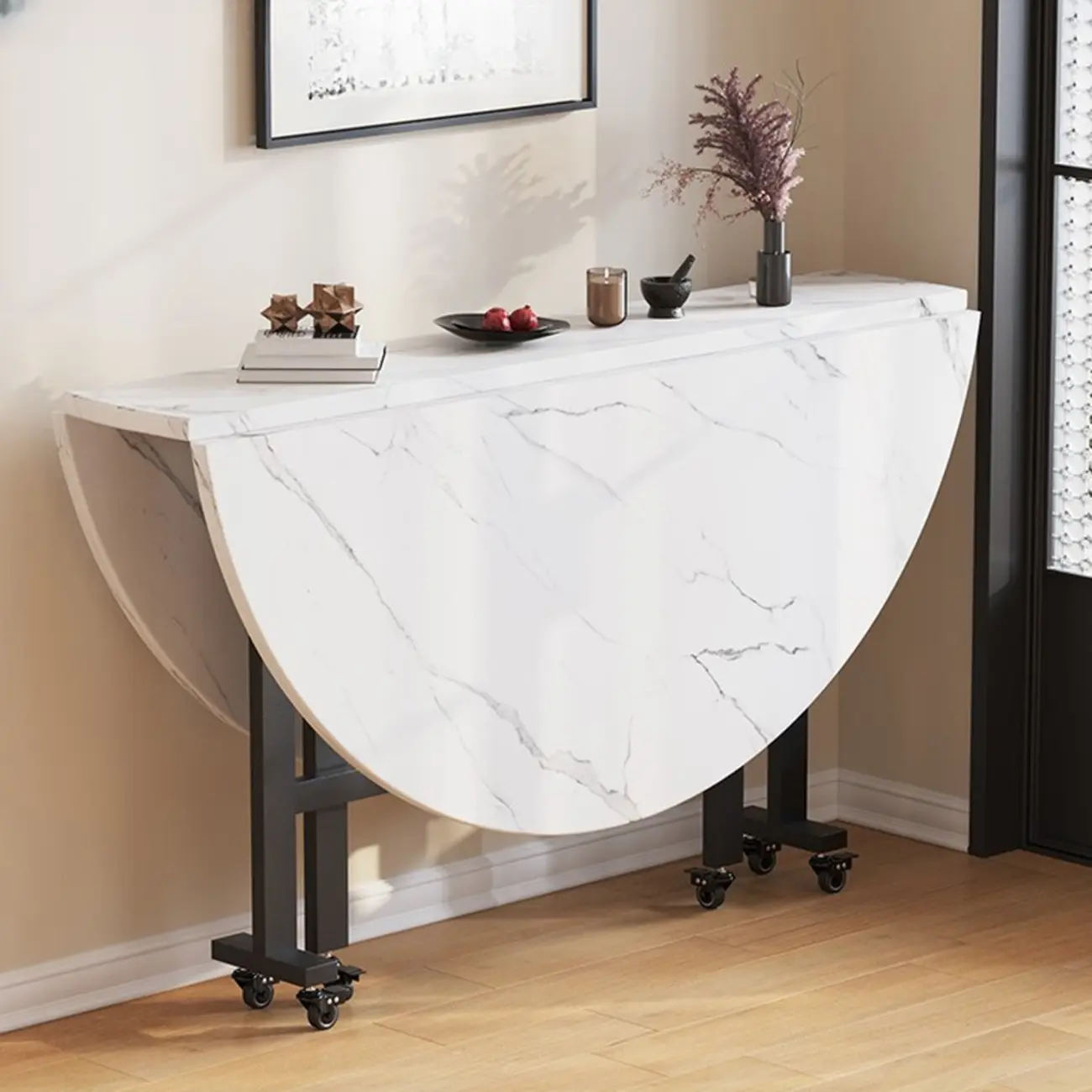 Marbled Wood Folding Dining Table with Casters Image - 1 | homeyfad