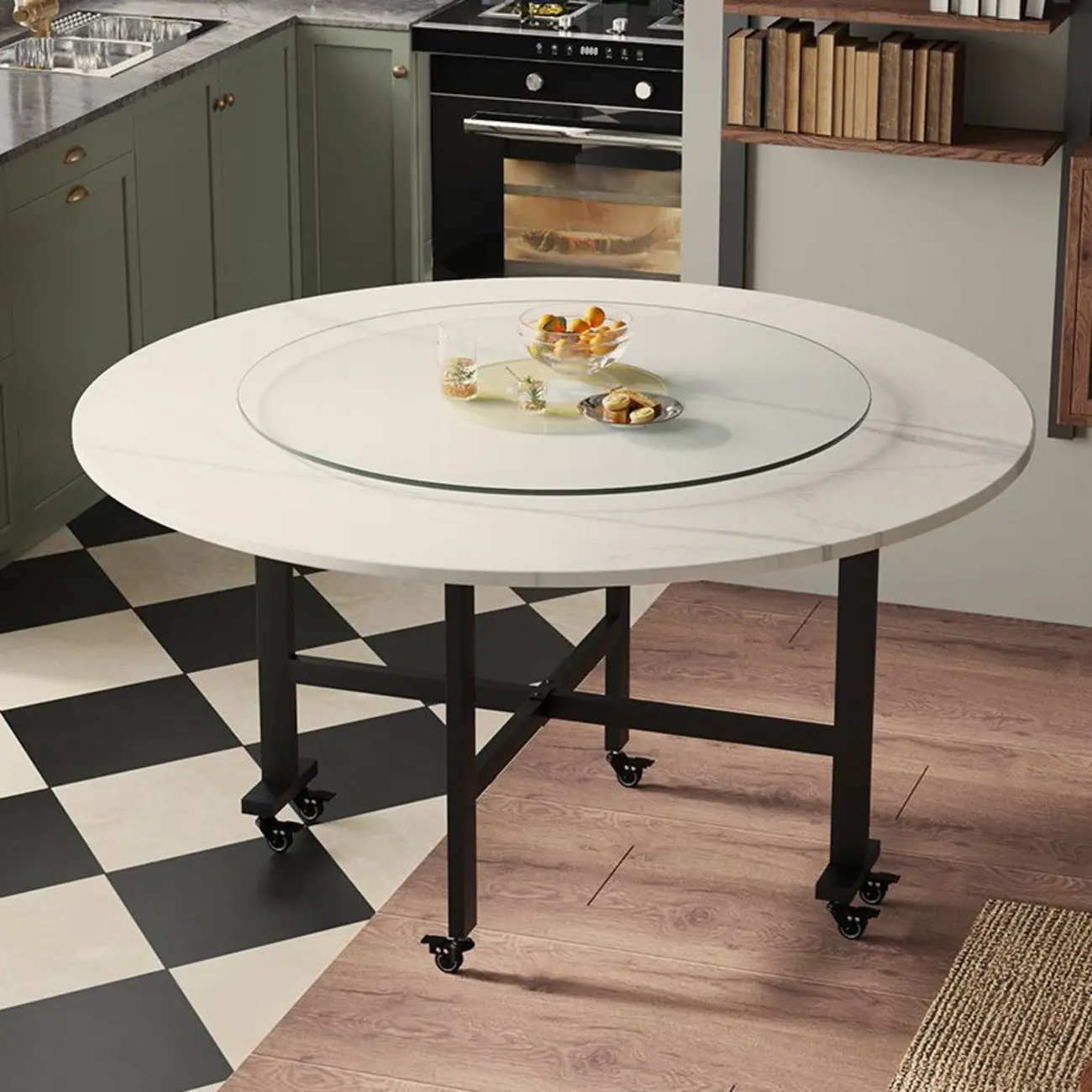 Marbled Wood Folding Dining Table with Casters Image - 2 | homeyfad