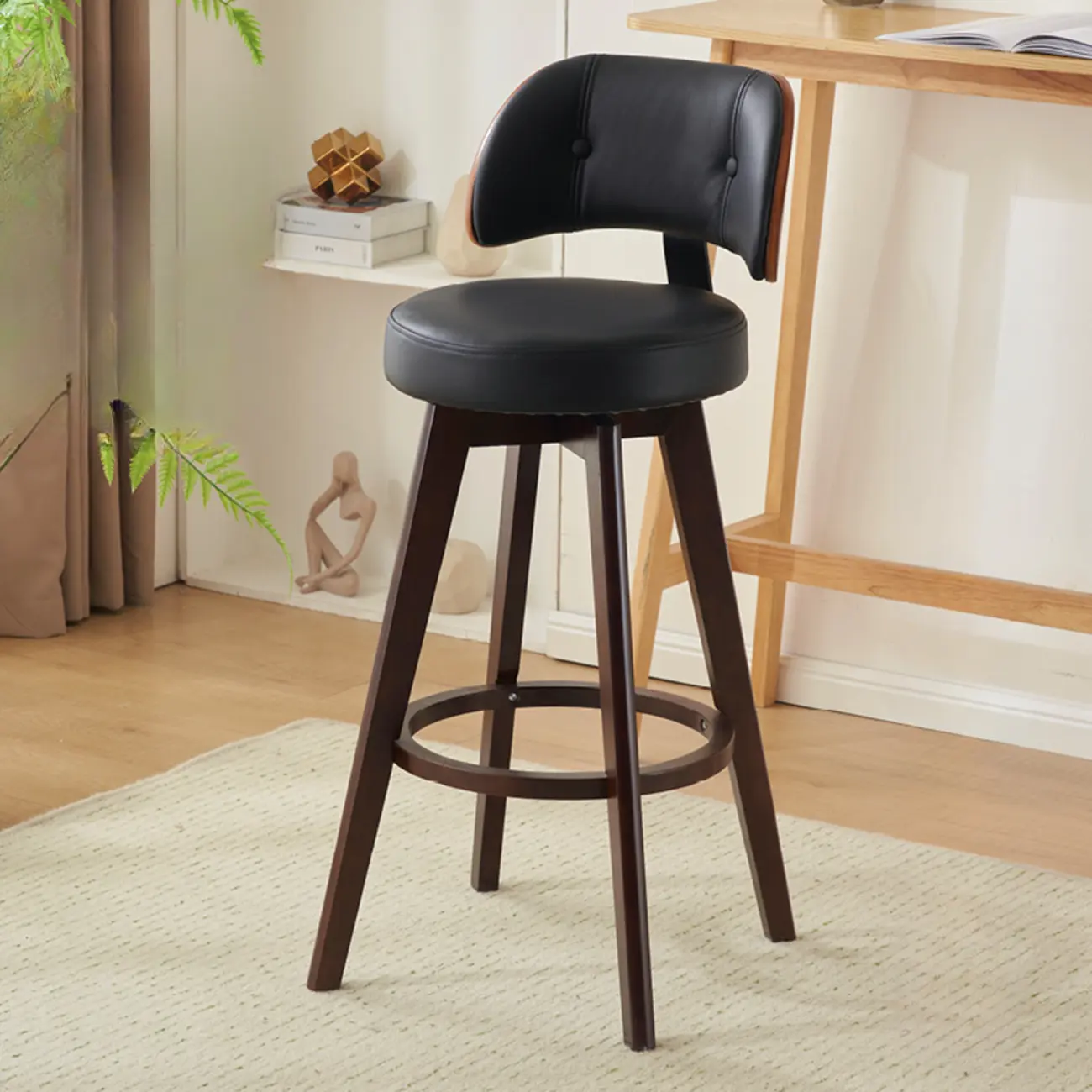 Natural Wood Round Leather Swivel Bar Stools Image - 8 | homeyfad