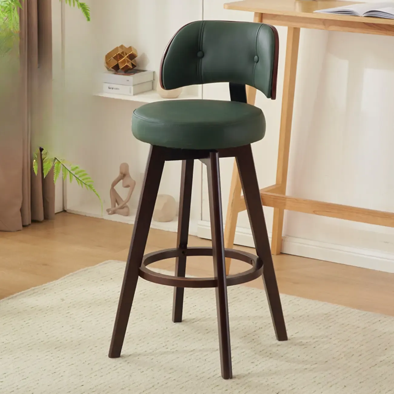 Natural Wood Round Leather Swivel Bar Stools Image - 9