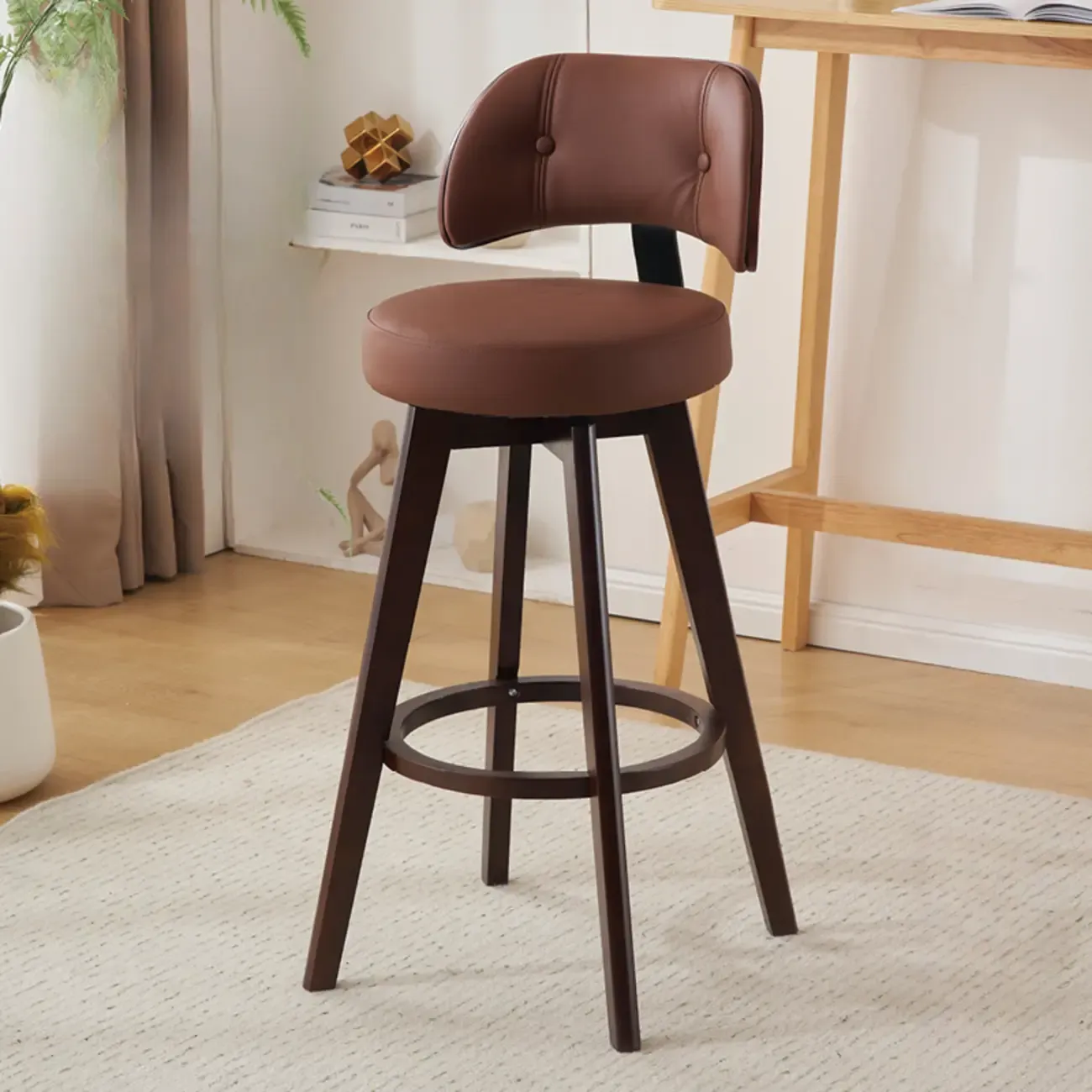 Natural Wood Round Leather Swivel Bar Stools Image - 11