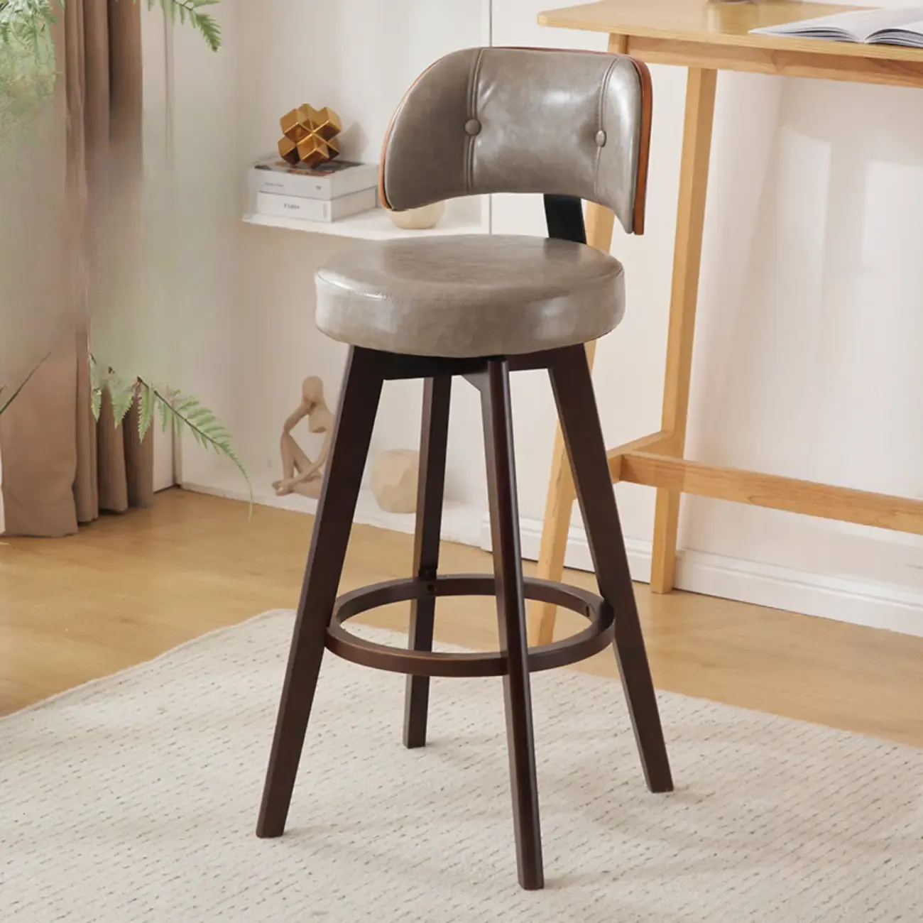 Natural Wood Round Leather Swivel Bar Stools Image - 12