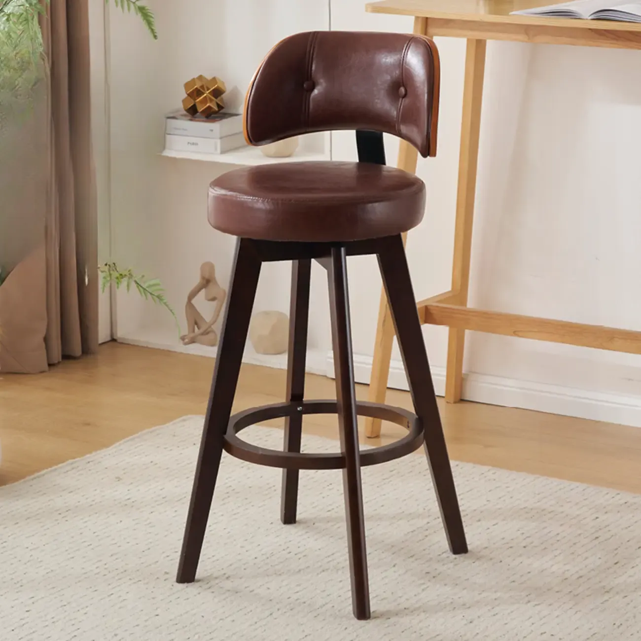 Natural Wood Round Leather Swivel Bar Stools Image - 19