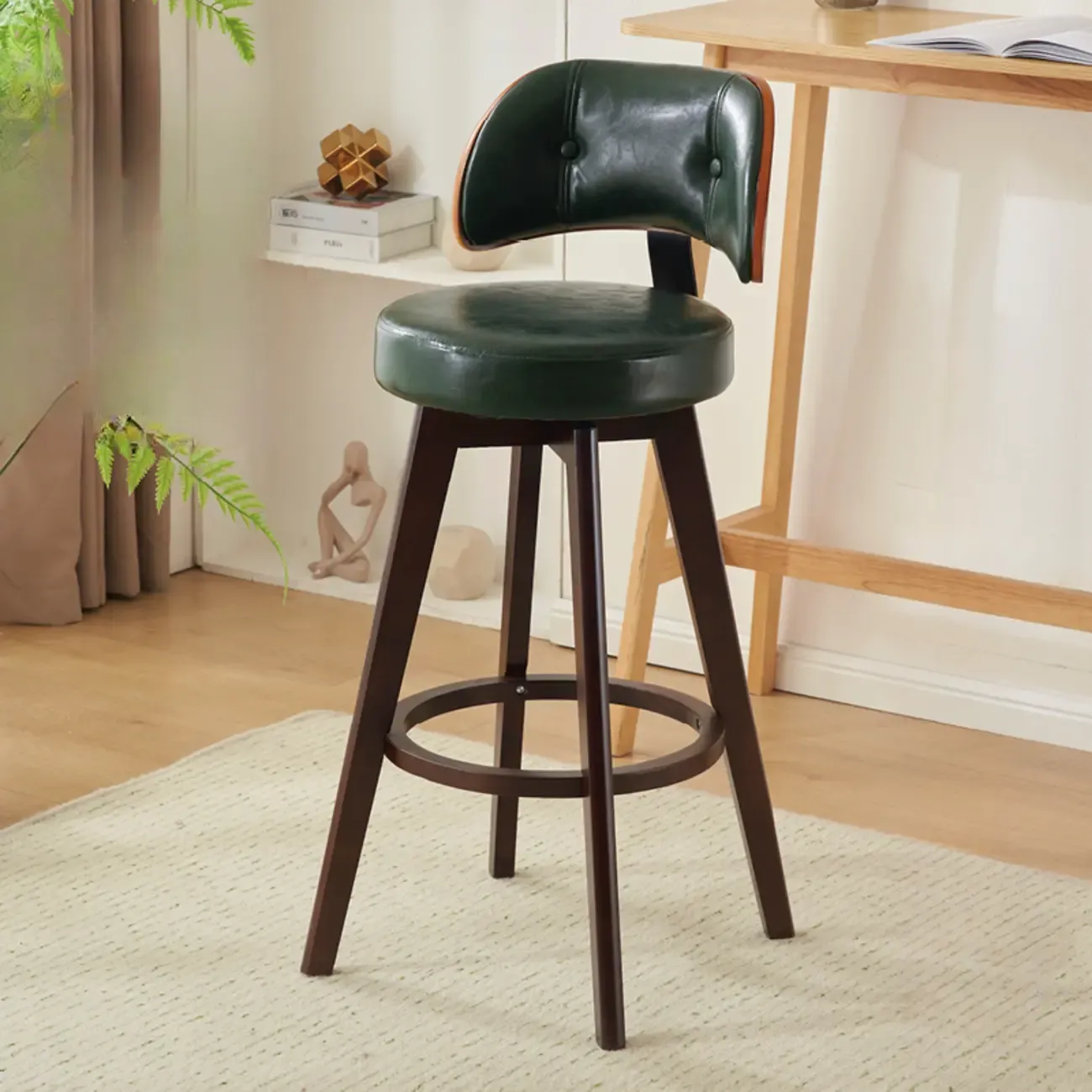 Natural Wood Round Leather Swivel Bar Stools Image - 20