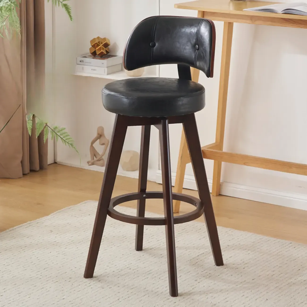 Natural Wood Round Leather Swivel Bar Stools Image - 21