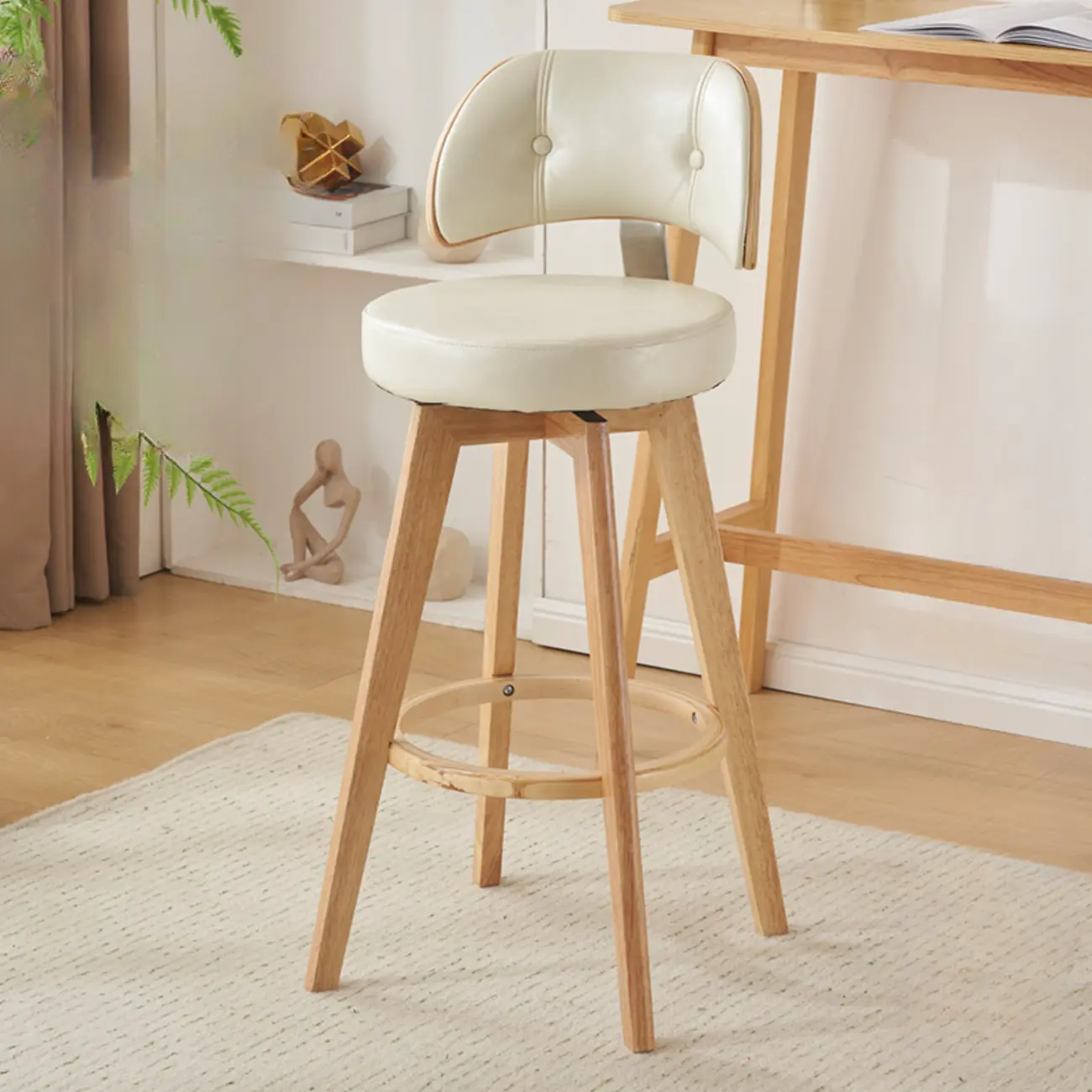 Natural Wood Round Leather Swivel Bar Stools Image - 22 | homeyfad