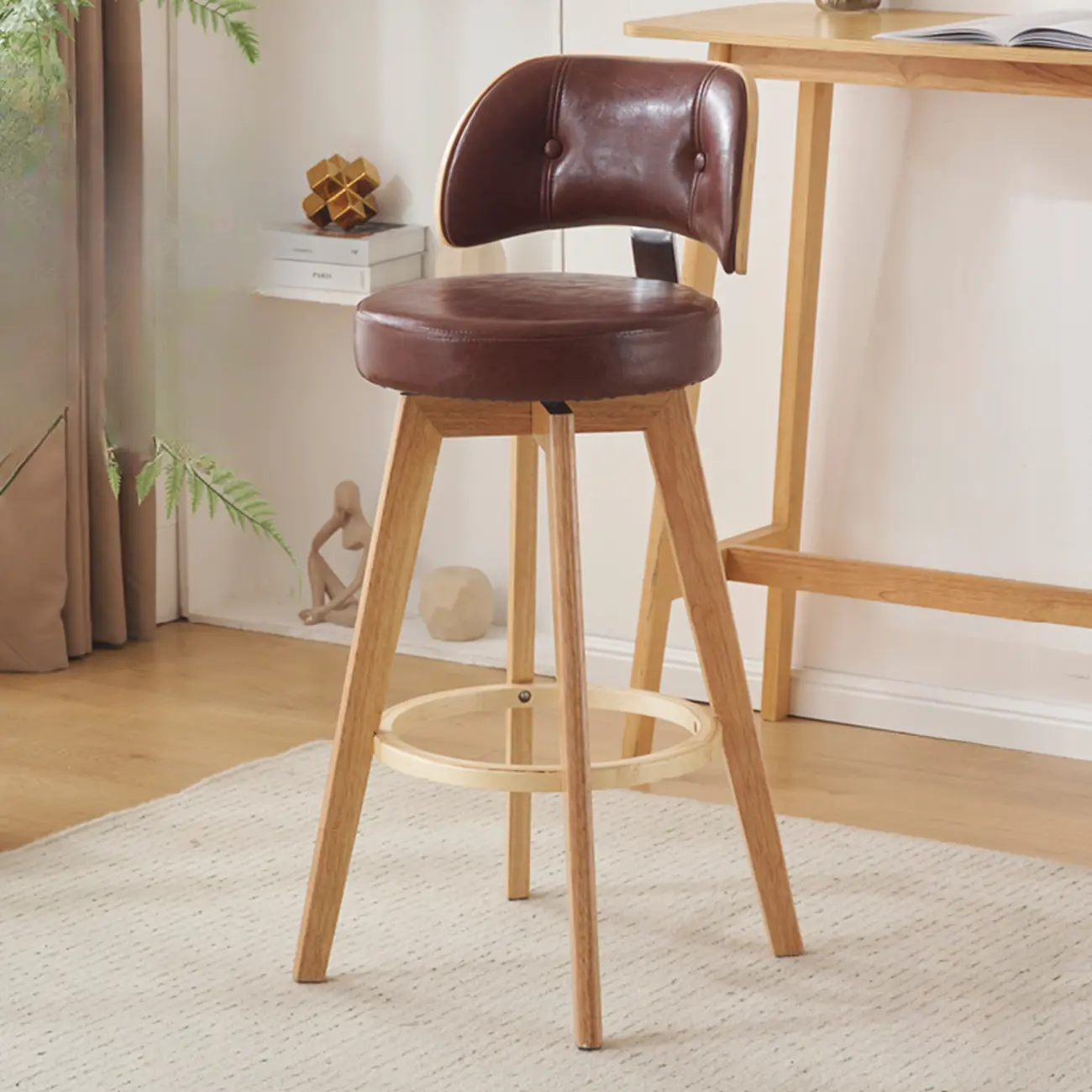 Natural Wood Round Leather Swivel Bar Stools Image - 23 | homeyfad