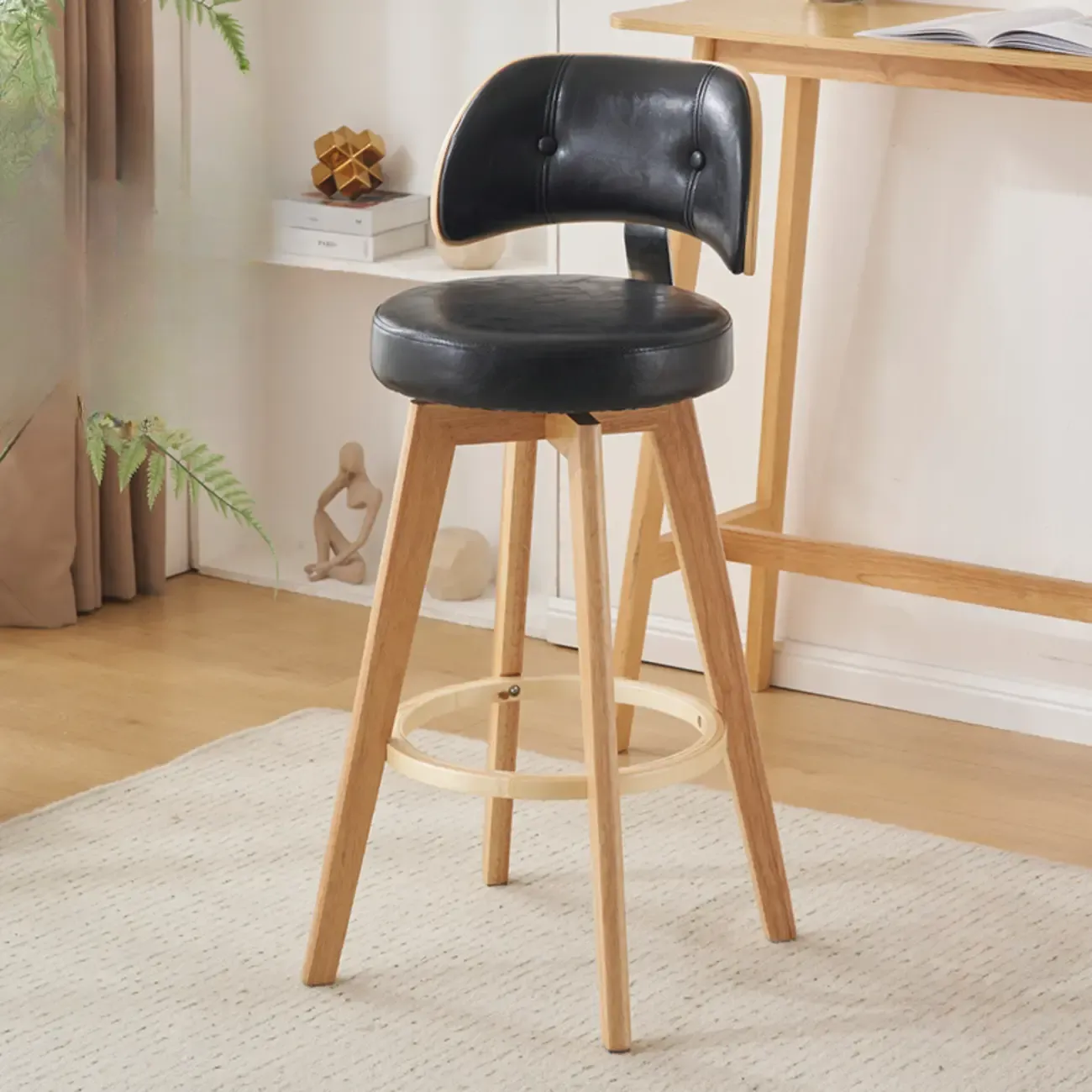 Natural Wood Round Leather Swivel Bar Stools Image - 26
