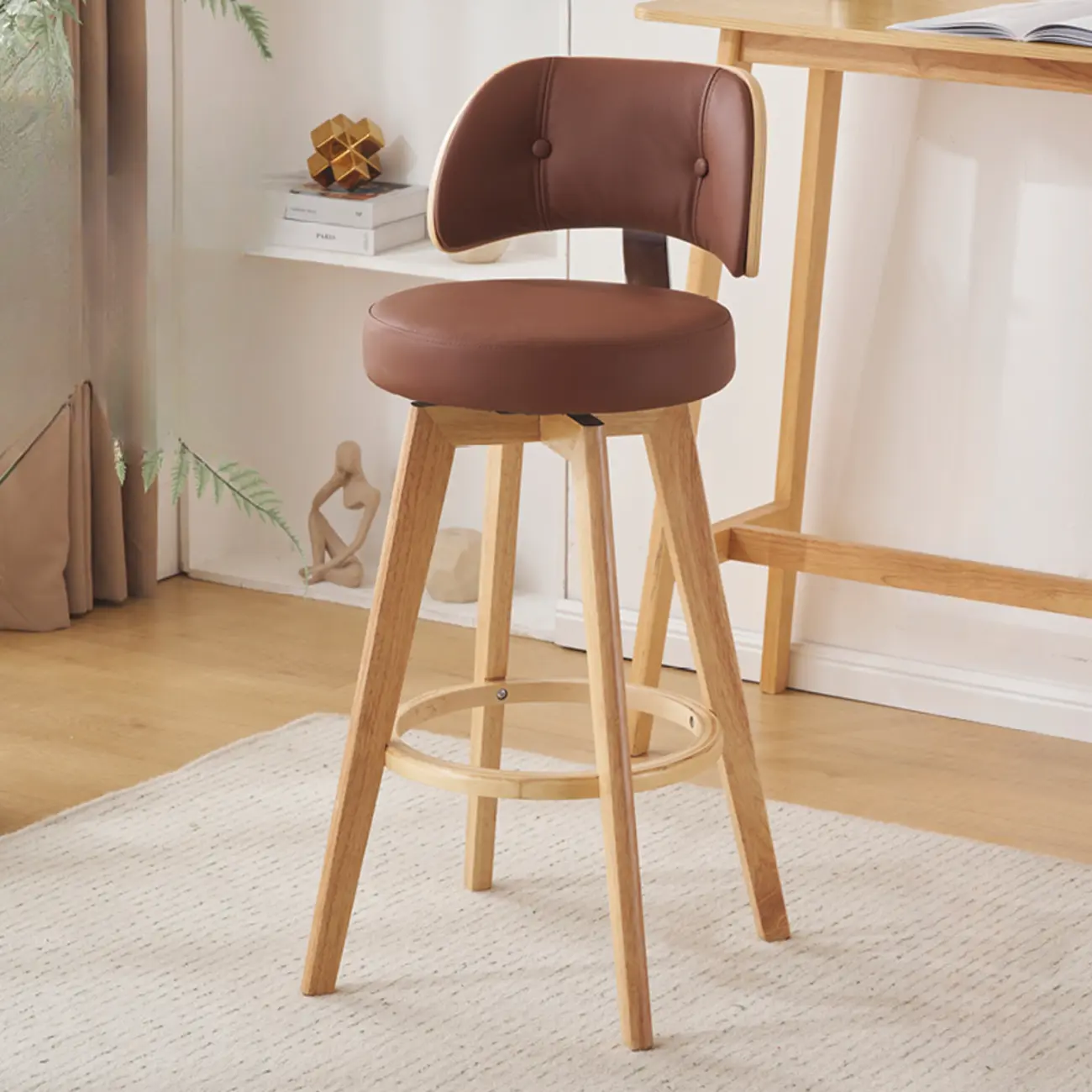 Natural Wood Round Leather Swivel Bar Stools Image - 29 | homeyfad
