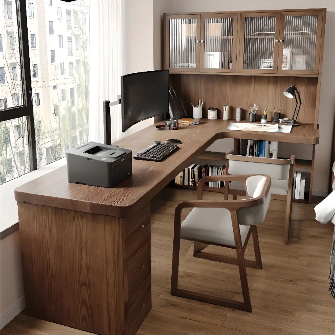 L-Shape Auburn Pine Wood Work Desk with Storage Component Image - 1 | homeyfad