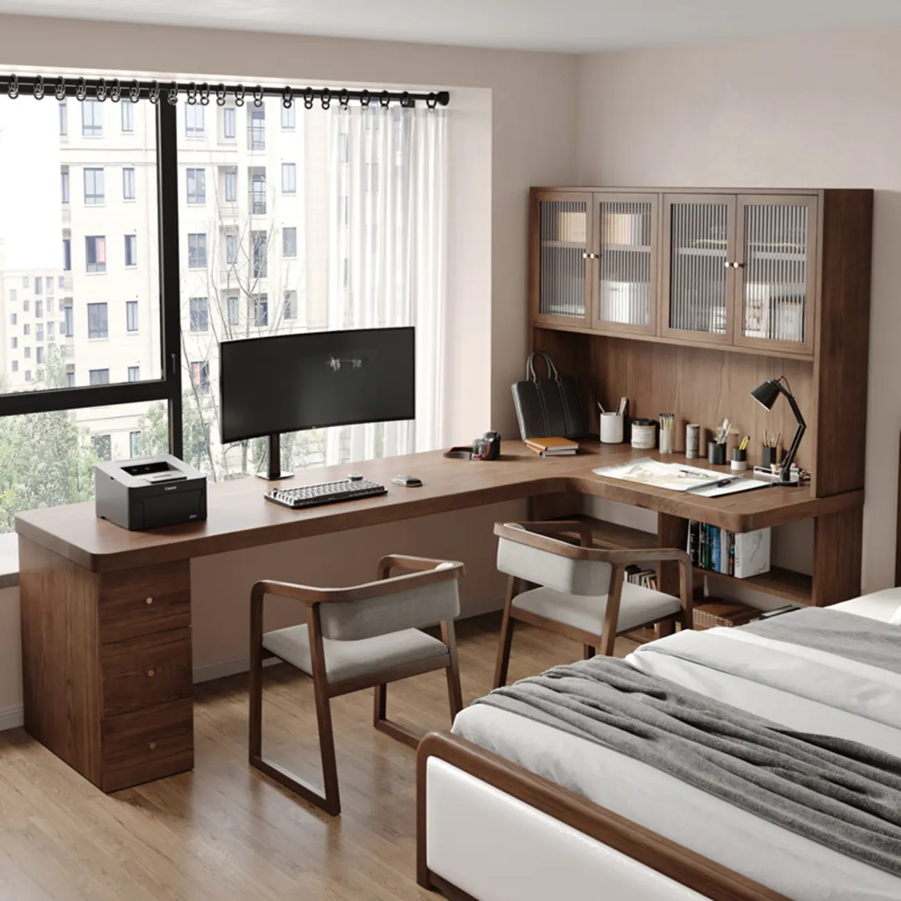 L-Shape Auburn Pine Wood Work Desk with Storage Component Image - 2 | homeyfad