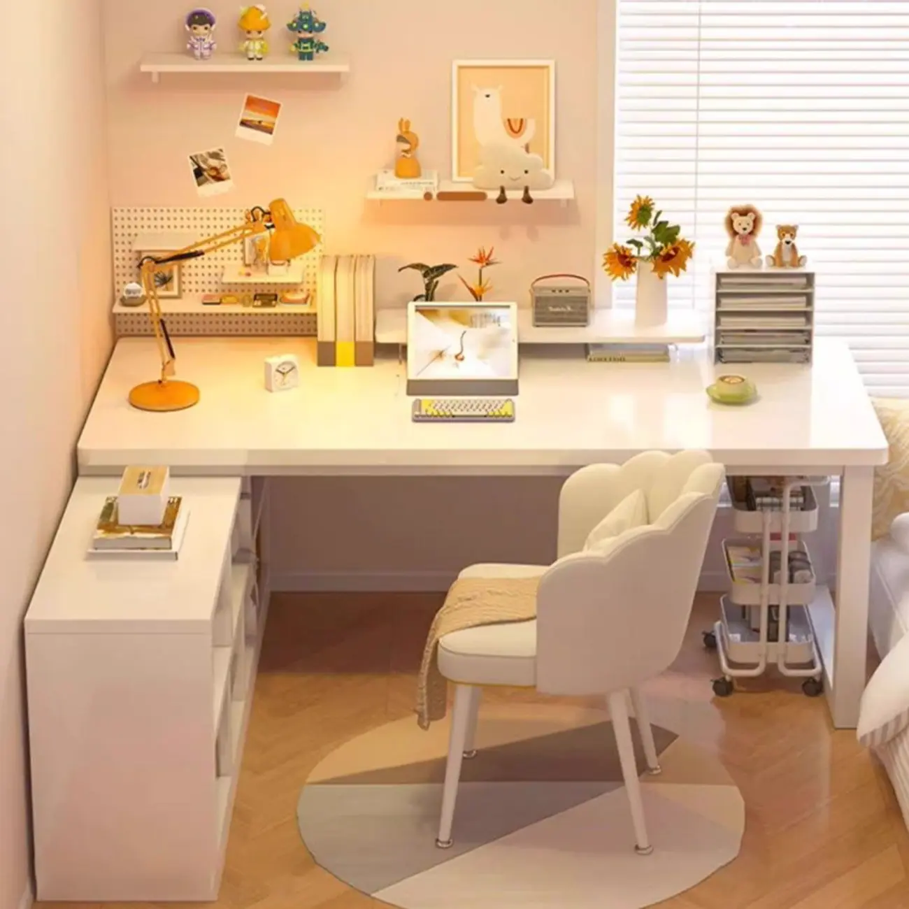 Modern White Wooden L-Shape Office Desk with Storage Image - 2 | homeyfad