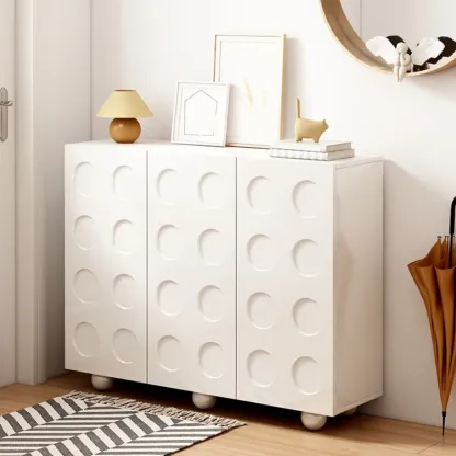 White Wooden 3D Circle Pattern Shoe Cabinet for Entryway Image - 1