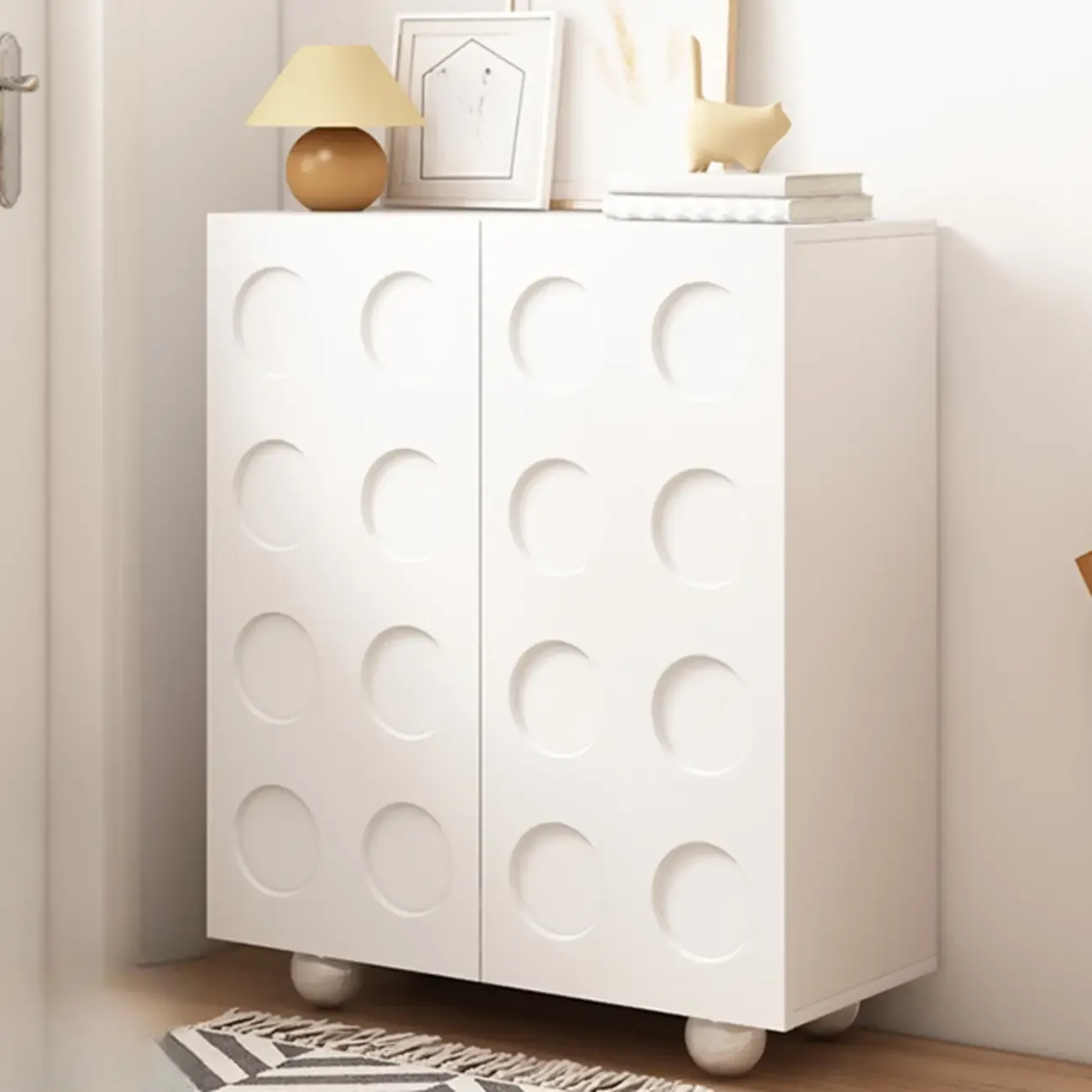 White Wooden 3D Circle Pattern Shoe Cabinet for Entryway Image - 2
