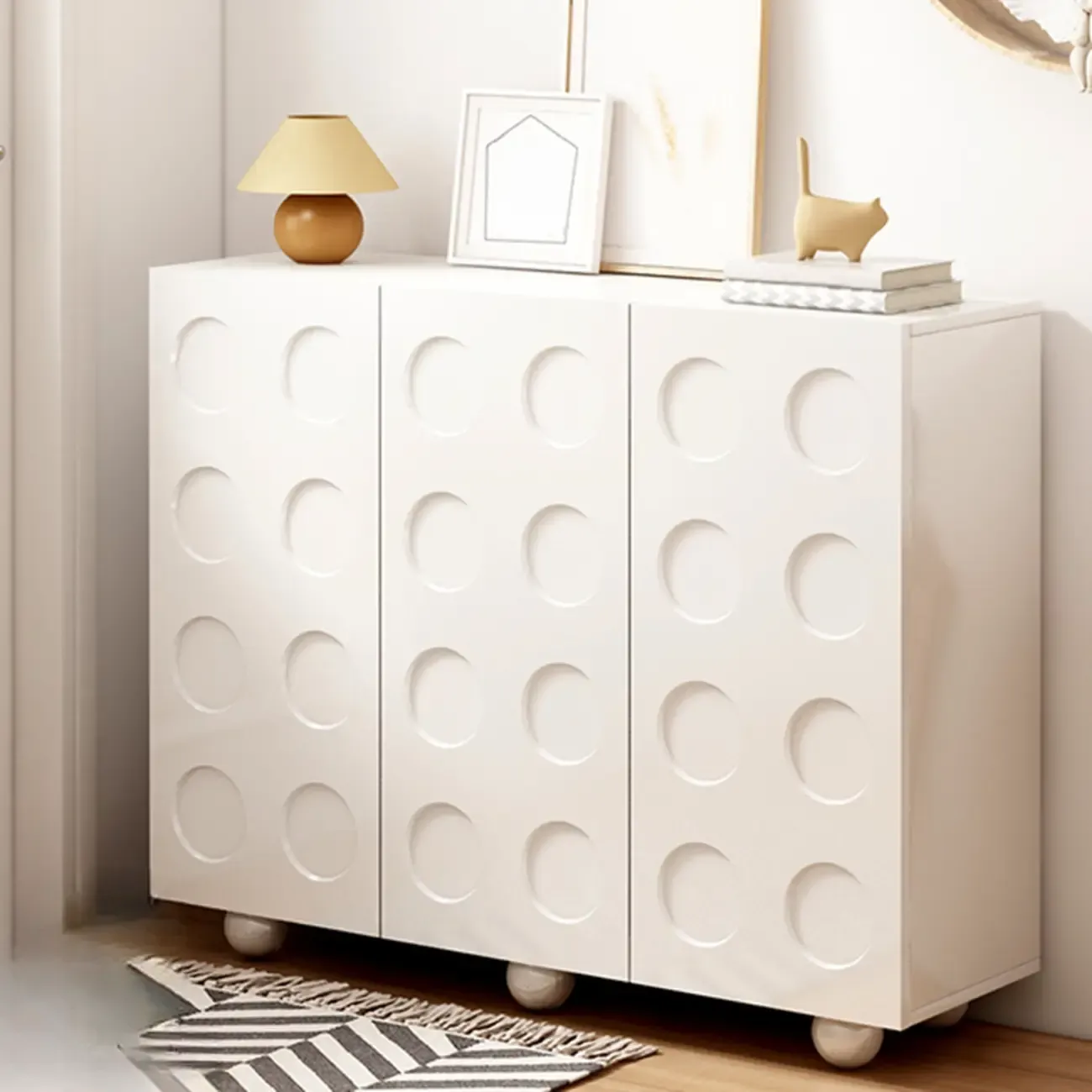 White Wooden 3D Circle Pattern Shoe Cabinet for Entryway Image - 3