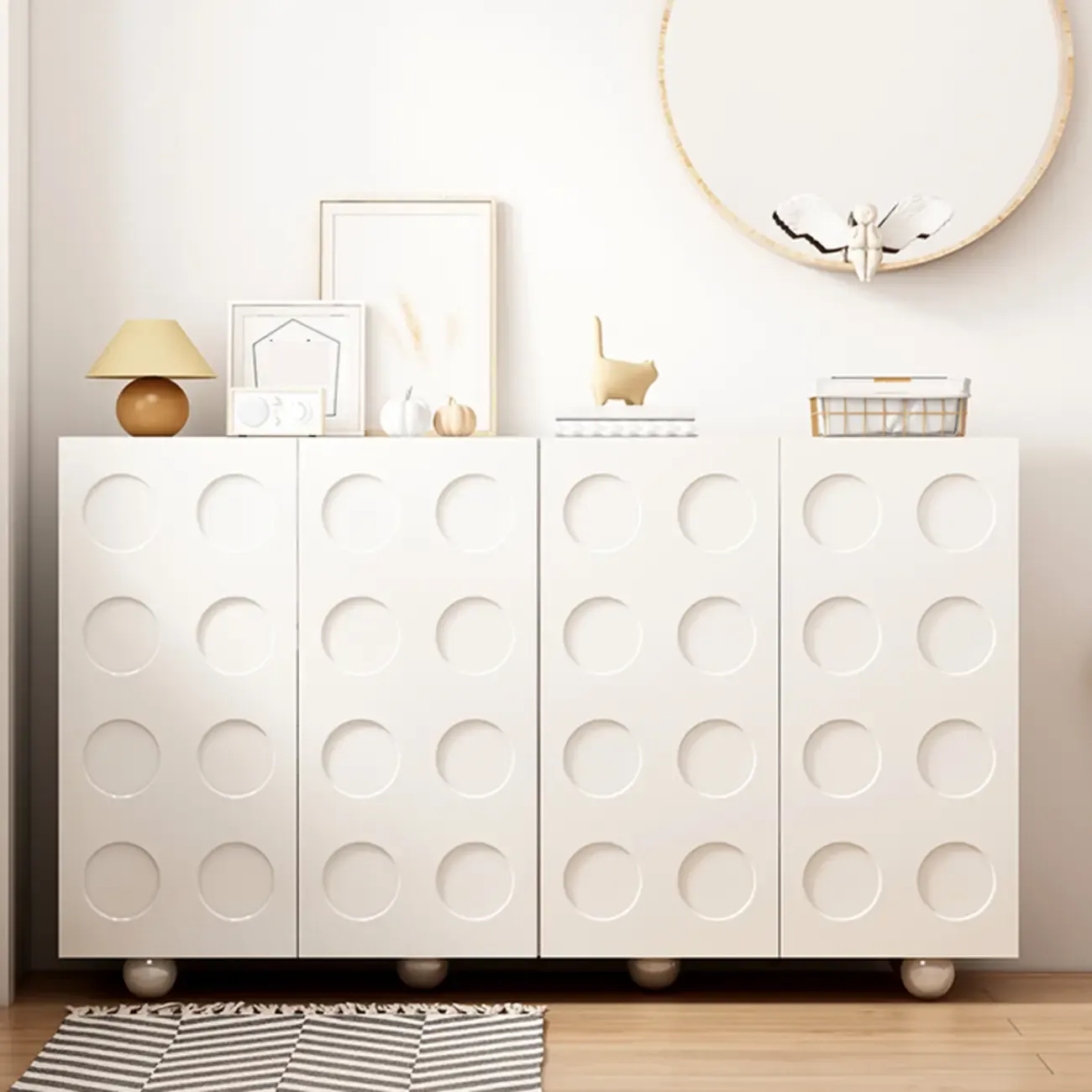 White Wooden 3D Circle Pattern Shoe Cabinet for Entryway Image - 4