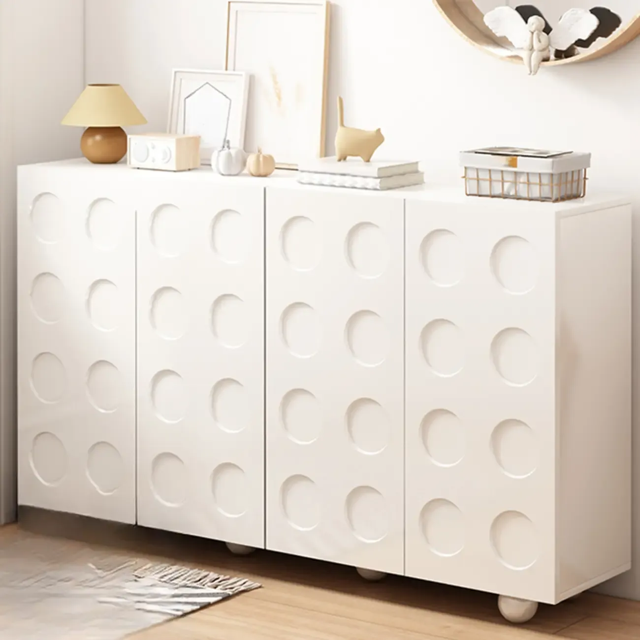 White Wooden 3D Circle Pattern Shoe Cabinet for Entryway Image - 5