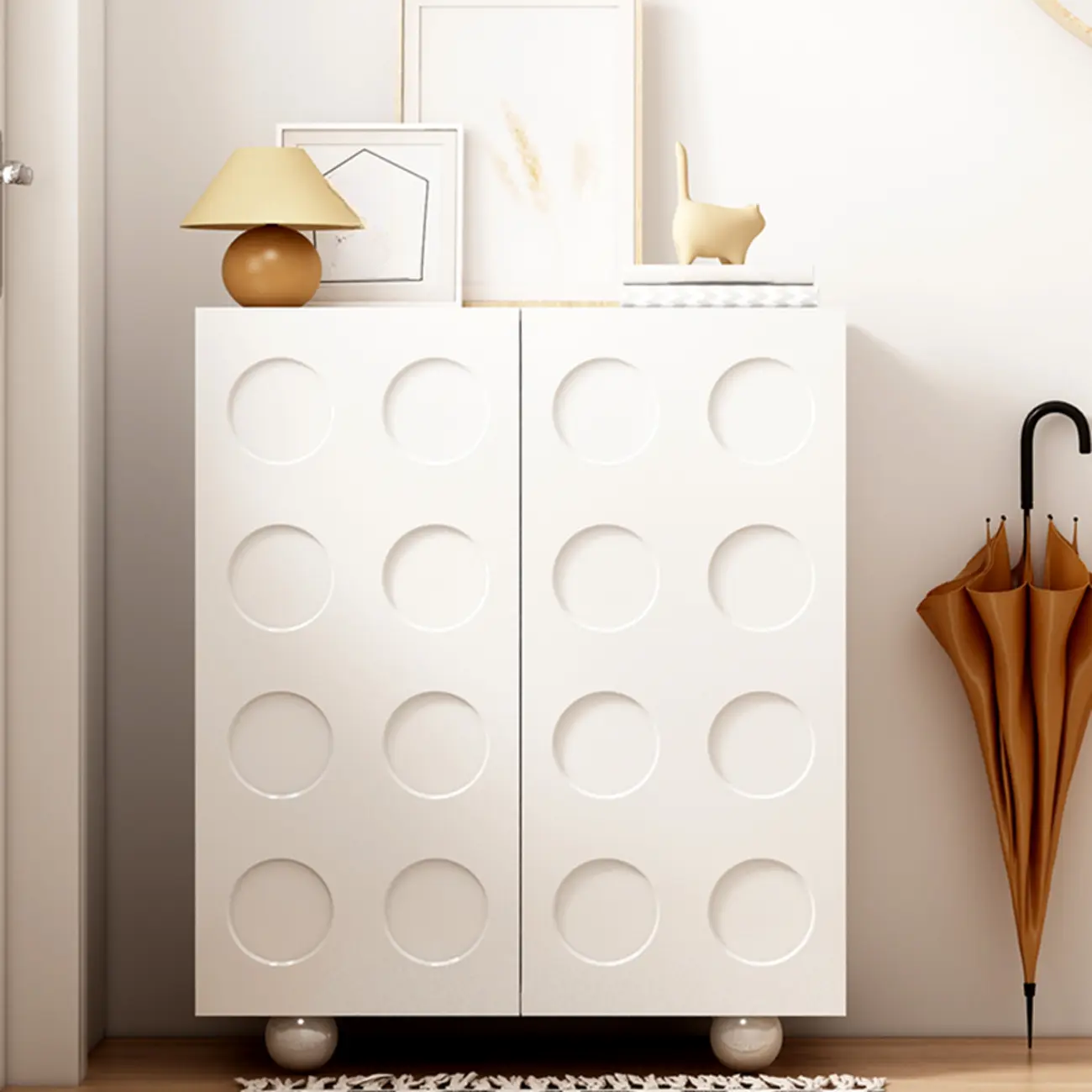 White Wooden 3D Circle Pattern Shoe Cabinet for Entryway Image - 6 | homeyfad