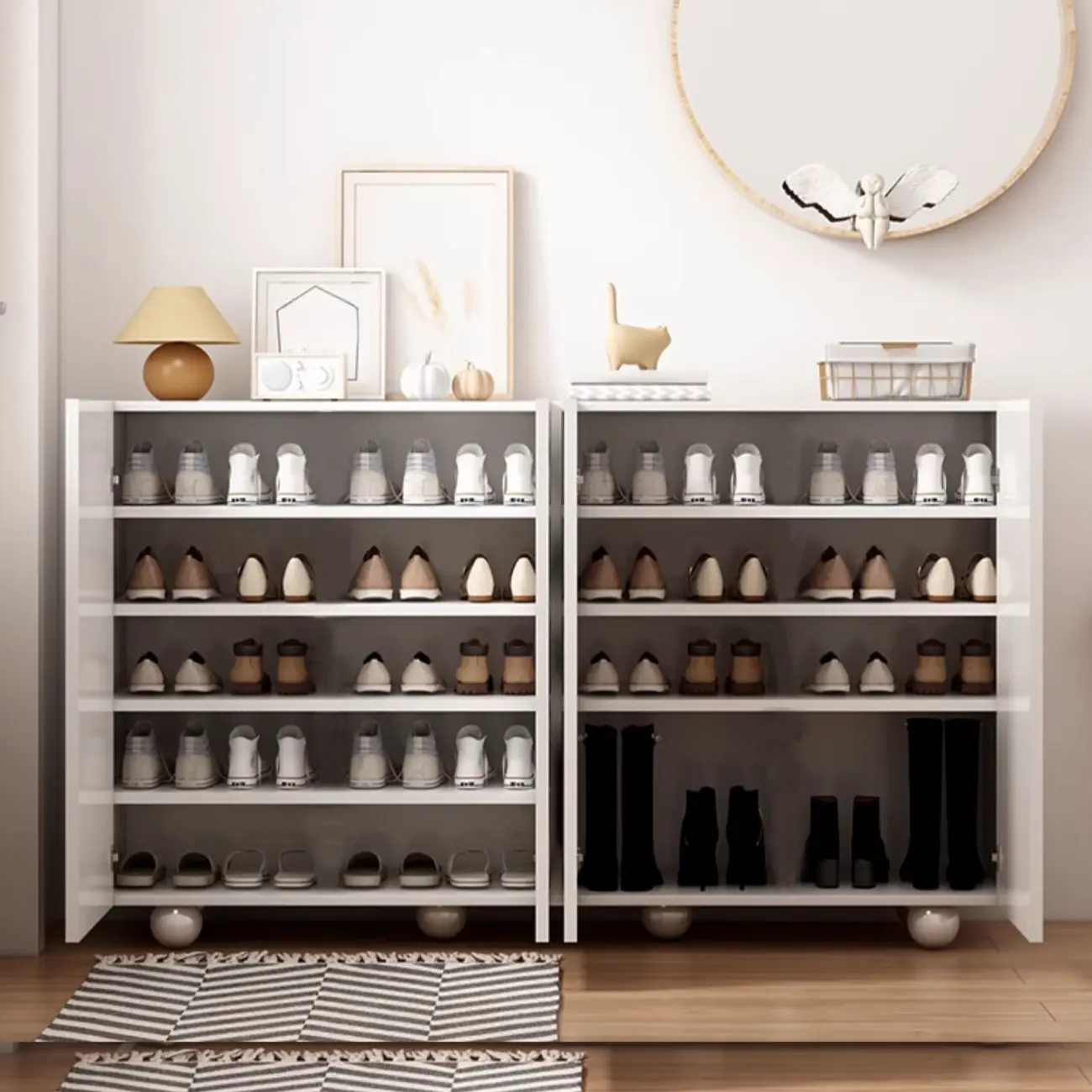 White Wooden 3D Circle Pattern Shoe Cabinet for Entryway Image - 7 | homeyfad