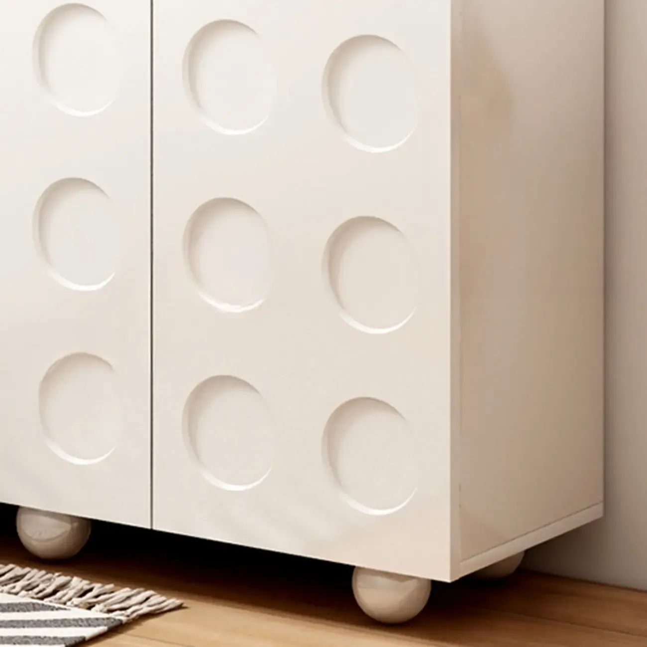 White Wooden 3D Circle Pattern Shoe Cabinet for Entryway Image - 9