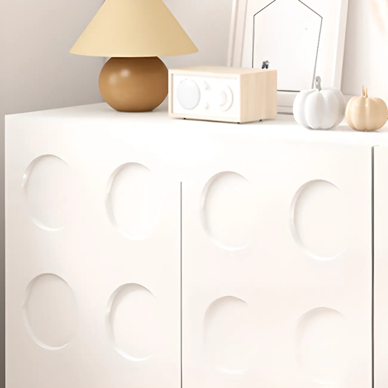 White Wooden 3D Circle Pattern Shoe Cabinet for Entryway Image - 12 | homeyfad