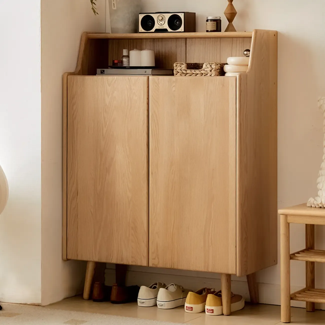 Solid Wood Entryway Shoe Cabinet with Display Top Image - 2