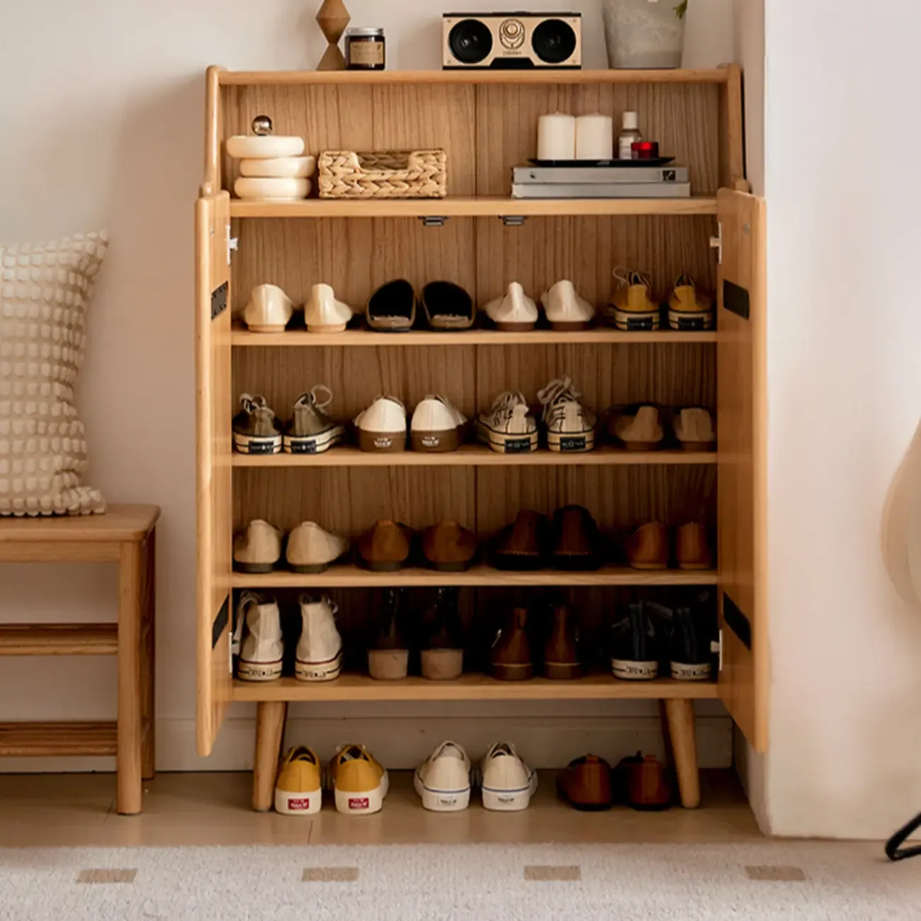 Solid Wood Entryway Shoe Cabinet with Display Top Image - 12