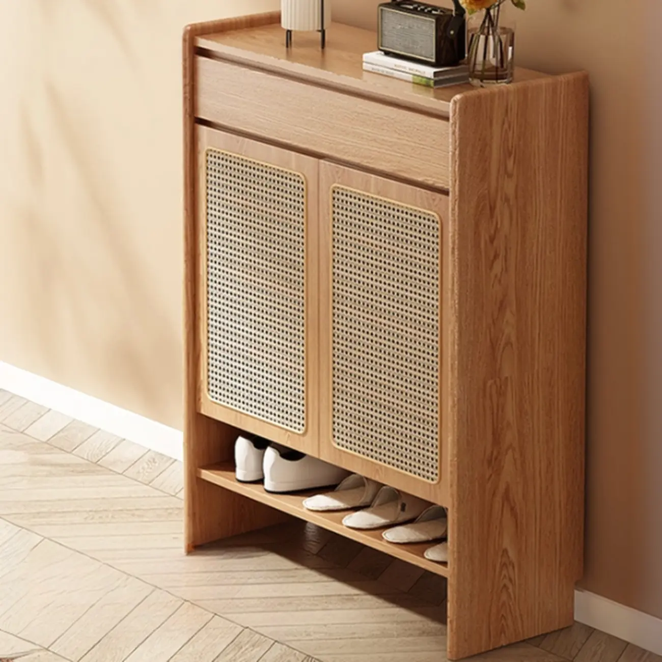 Boho Rattan Oak Shoe Cabinet Natural Storage Image - 1 | homeyfad