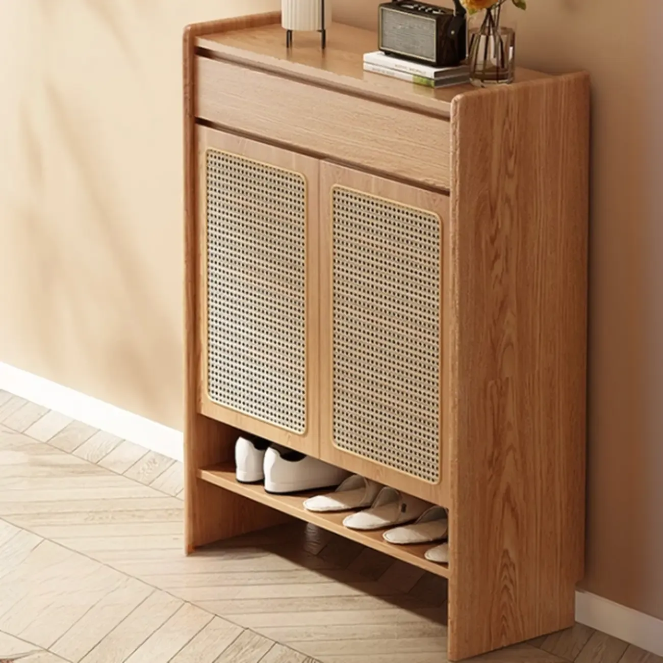 Boho Rattan Oak Shoe Cabinet Natural Storage Image - 1