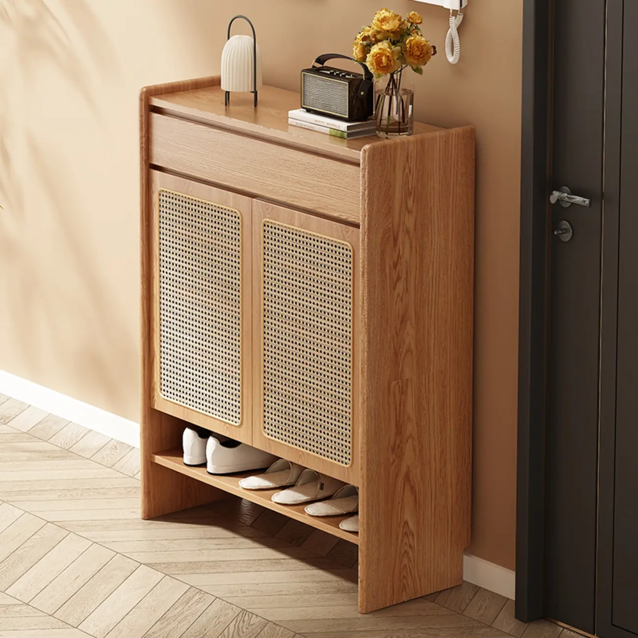 Boho Rattan Oak Shoe Cabinet Natural Storage Image - 2 | homeyfad