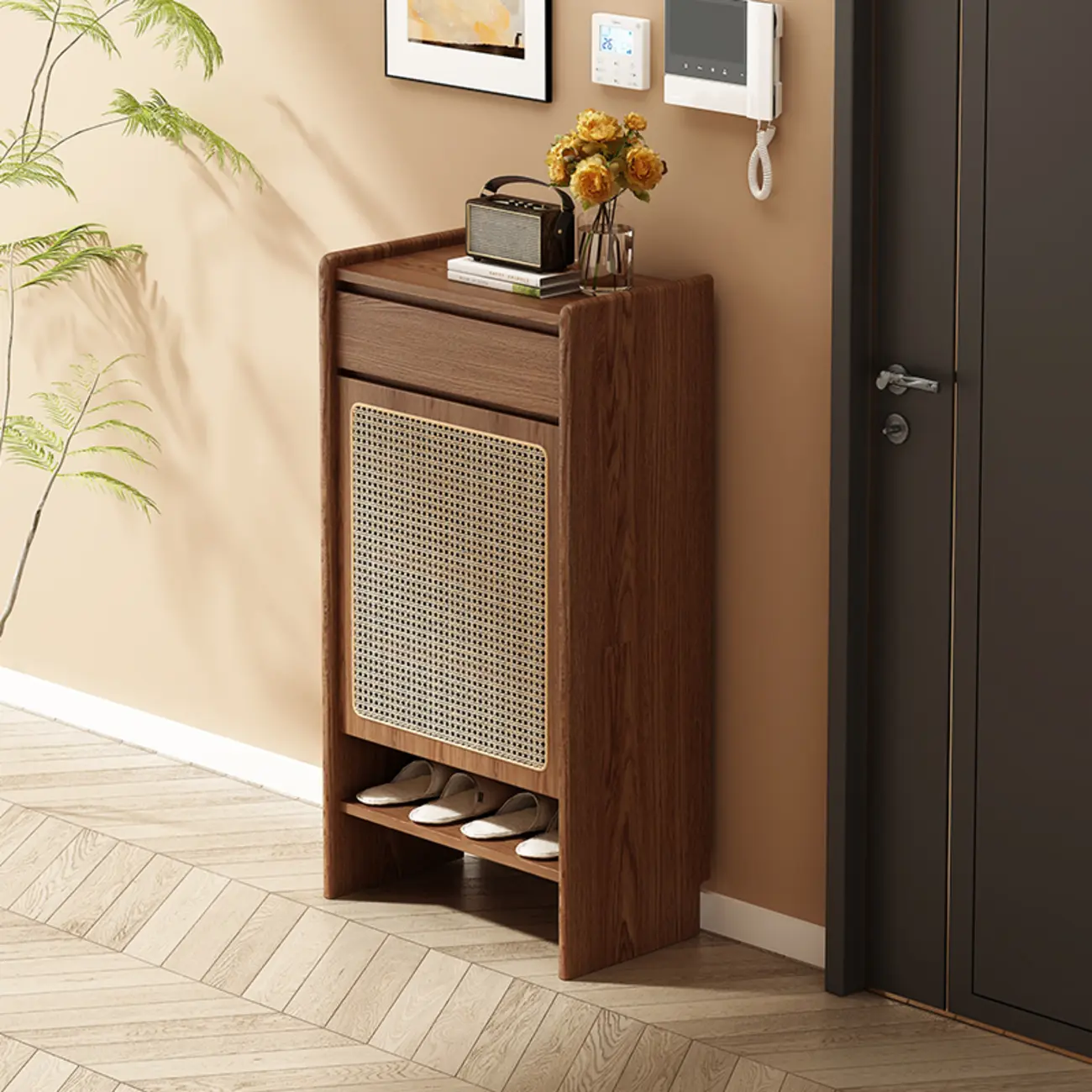 Boho Rattan Oak Shoe Cabinet Natural Storage Image - 3 | homeyfad