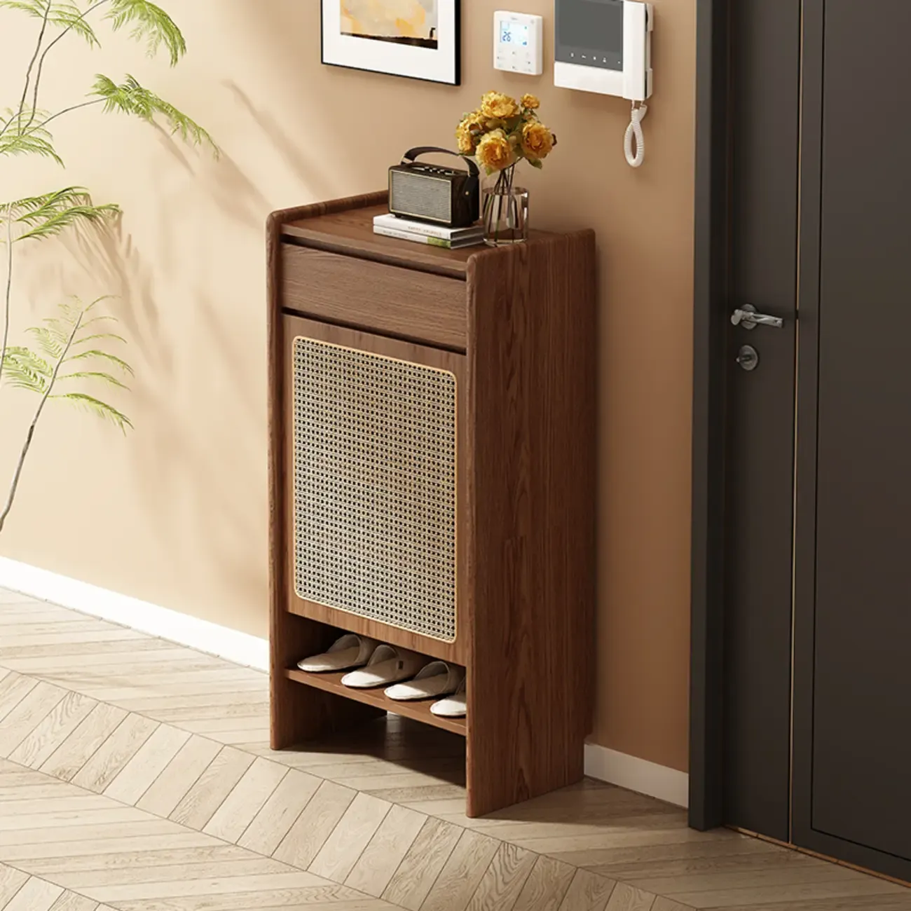 Boho Rattan Oak Shoe Cabinet Natural Storage Image - 3